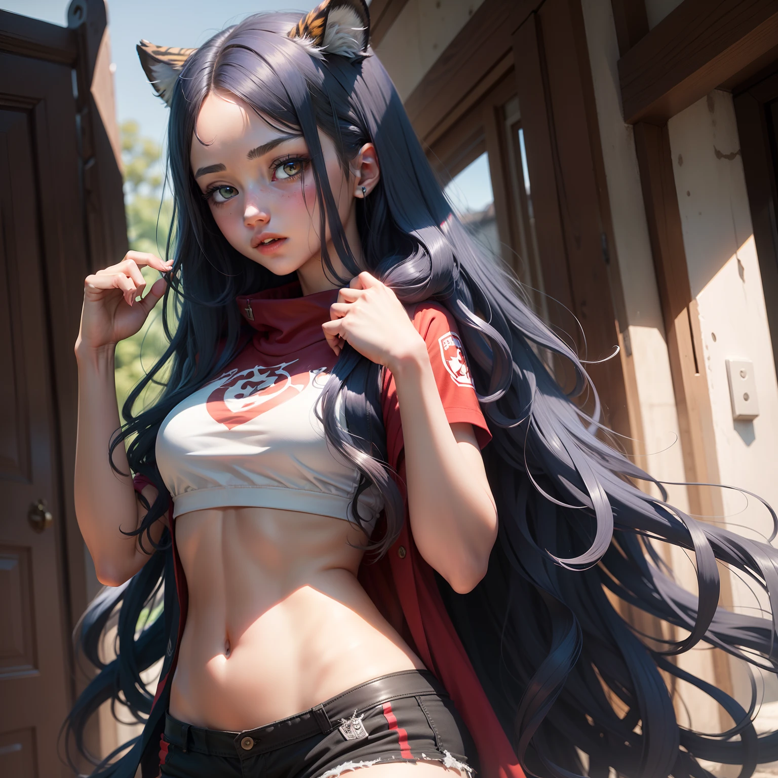 teens girl,Long blue wavy hair,red - eyed,White,Tiger Tooth