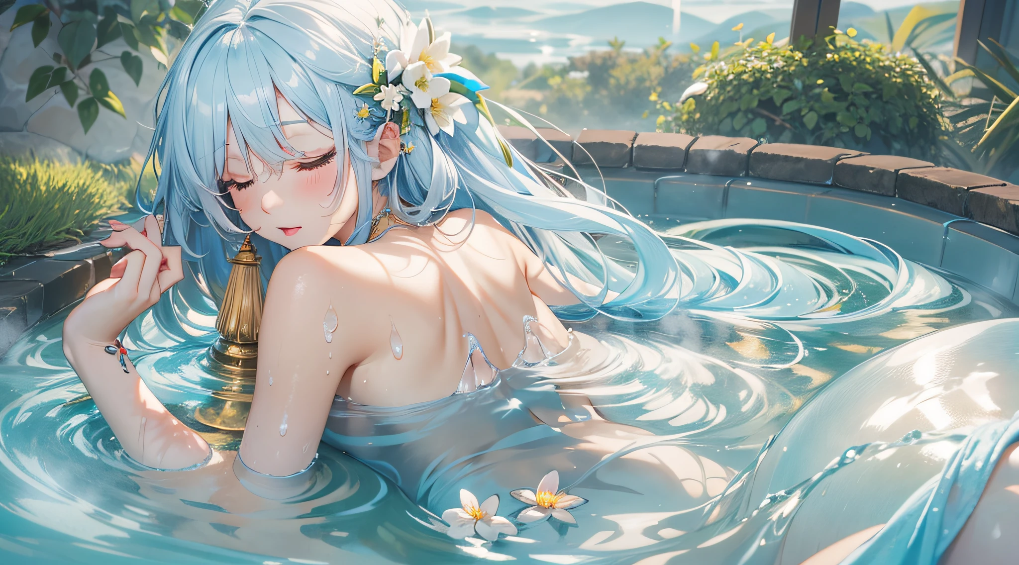 A beautiful goddess of water with long light blue hair is soaking in a hot spring with a bath towel wrapped around her body, dozing off and floating in the hot water.、full bodyesbian、​masterpiece