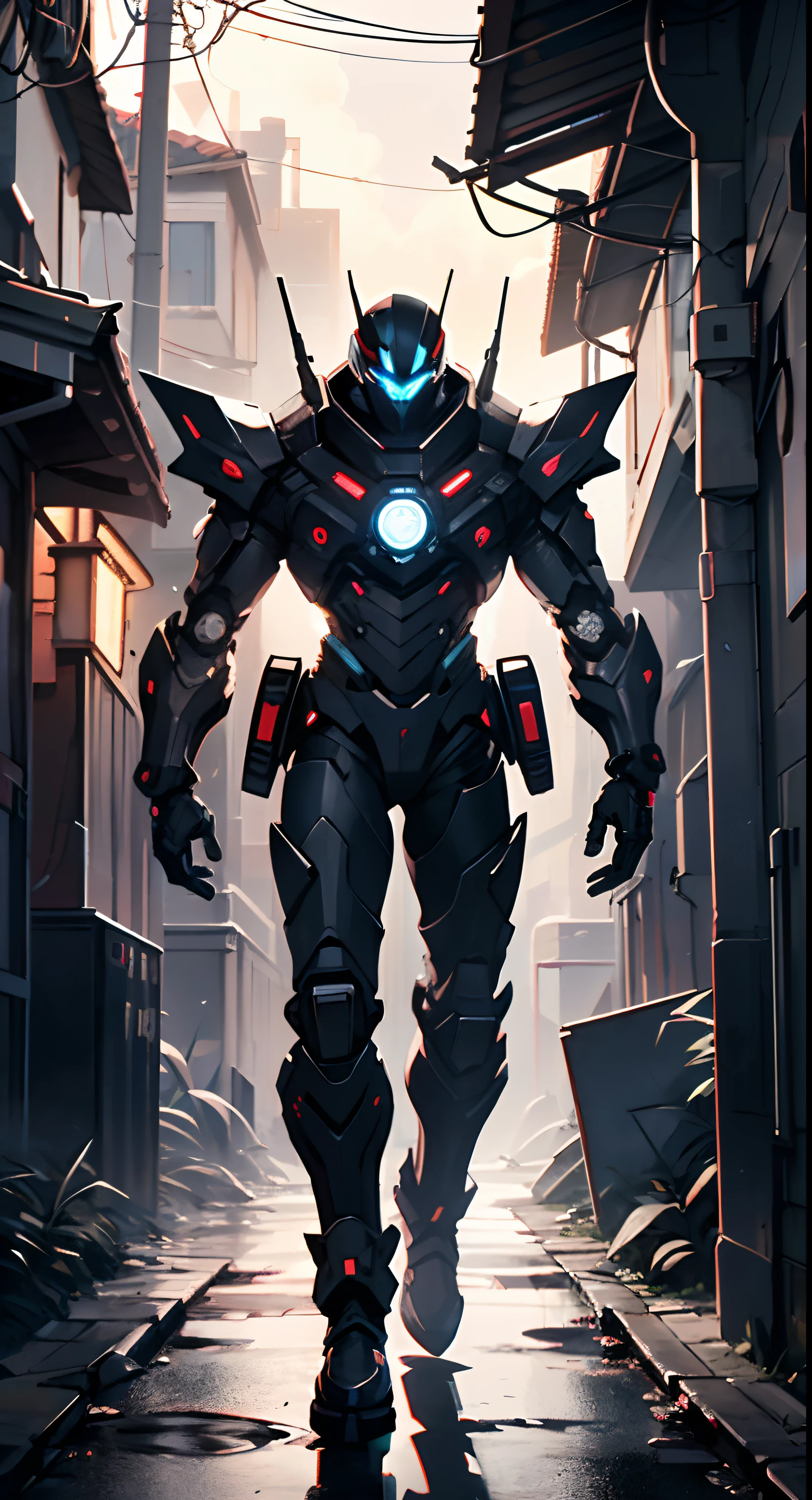 Imposing black plastic metal android robot,three meters tall and with a minimalist design that highlights its marked metallic musculature. His head is smooth and adorned with RGB lights that highlight his uniqueness and futurism.
He carries a metal backpack on his back that contains drones,turrets,and firearms. The backpack has spidery legs that allow it to move quickly.
Although most of his body is a deep,glossy black,there are orange,purple,and blue details that highlight his striking,futuristic design. It is undoubtedly an impressive creation that does not go unnoticed.
(dynamic pose:1.0),solo focus,centered,scale to fit dimensions,Rule of thirds,
outdoors,((night view)),(cyberpunk night street Background: 1.5,dark sky,alleyway,lonely alley,thick clouds,detailed background:1.25),
(best quality),(high resolution),(sharp focus),(ultra detailed),(extremely detailed),(extremely high quality artwork),8k_wallpaper,(extremely detailed CG 8k),(very fine 8K CG),((hyper super ultra detailed perfect piece)),flawless,(((masterpiece))),illustration,vibrant colors,(intricate),High contrast,Selective lighting,Double exposure,HDR (High Dynamic Range),Post-processing,Background blur,