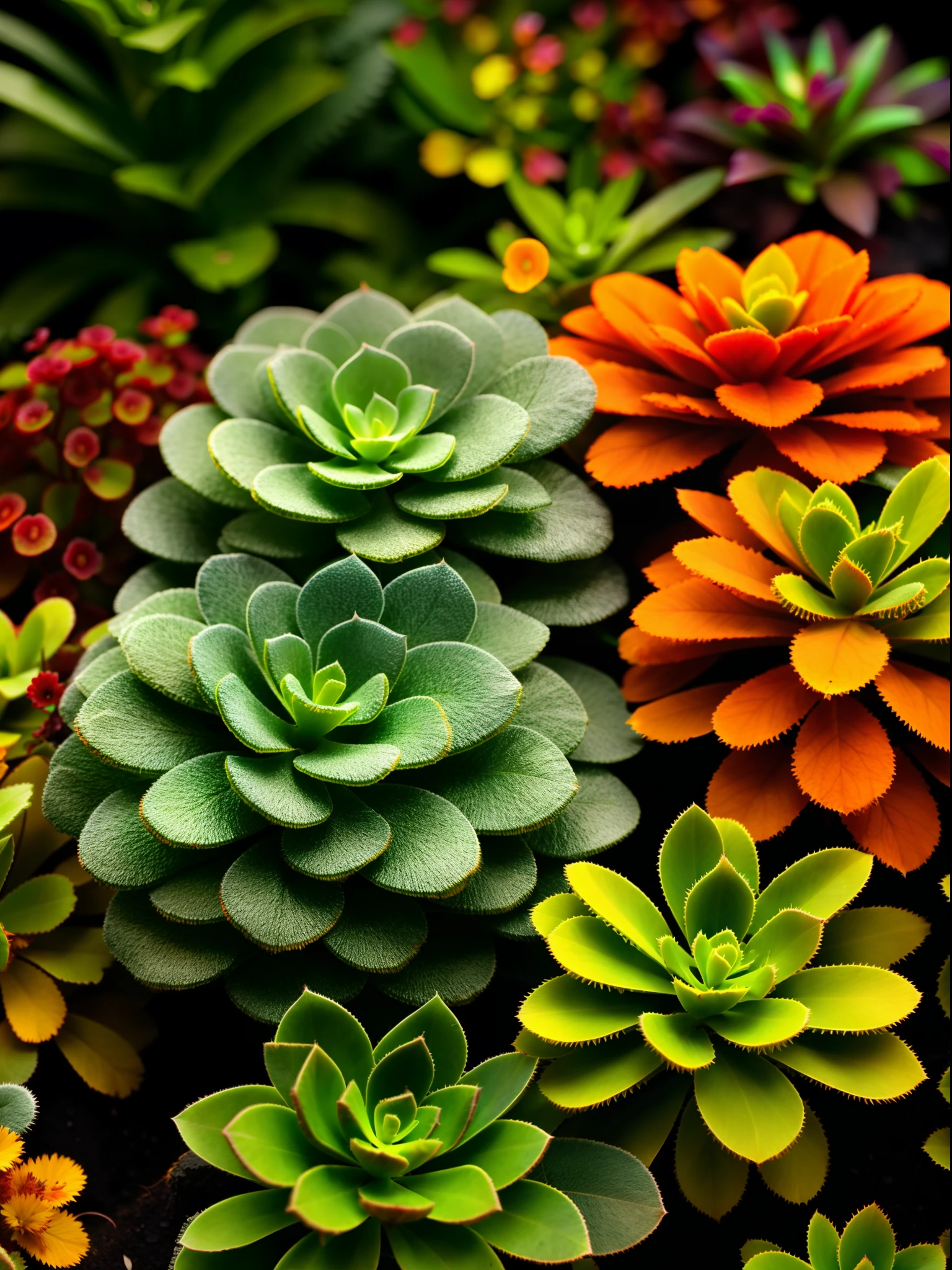 A close-up of a bunch of greenery，Succulents，fern，Faded，Slate gray，orange color lookup，（Teal and orange：0.7），cinematic colour，Vignette，low tune，with light glowing，dark depth of field