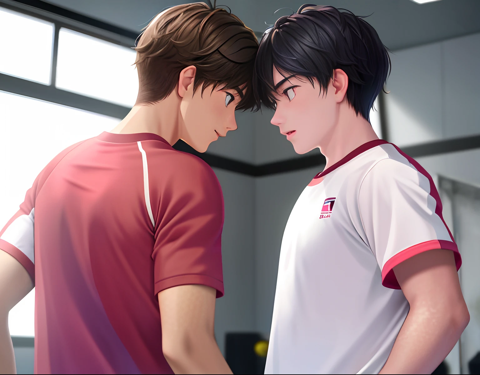 Two 15-year-old boys approach each other and look into each other's eyes affectionately They are in gym clothes their cheeks bronze pink skin