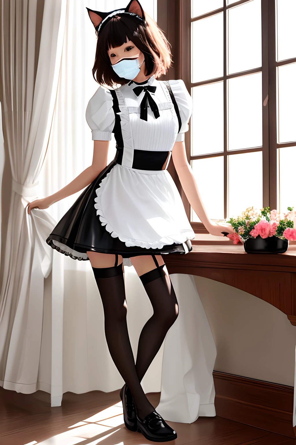 cat ears cat tail gray collar depressed maid outfit legs stockings panties leather shoes leg rings mask sunlight short dwarf