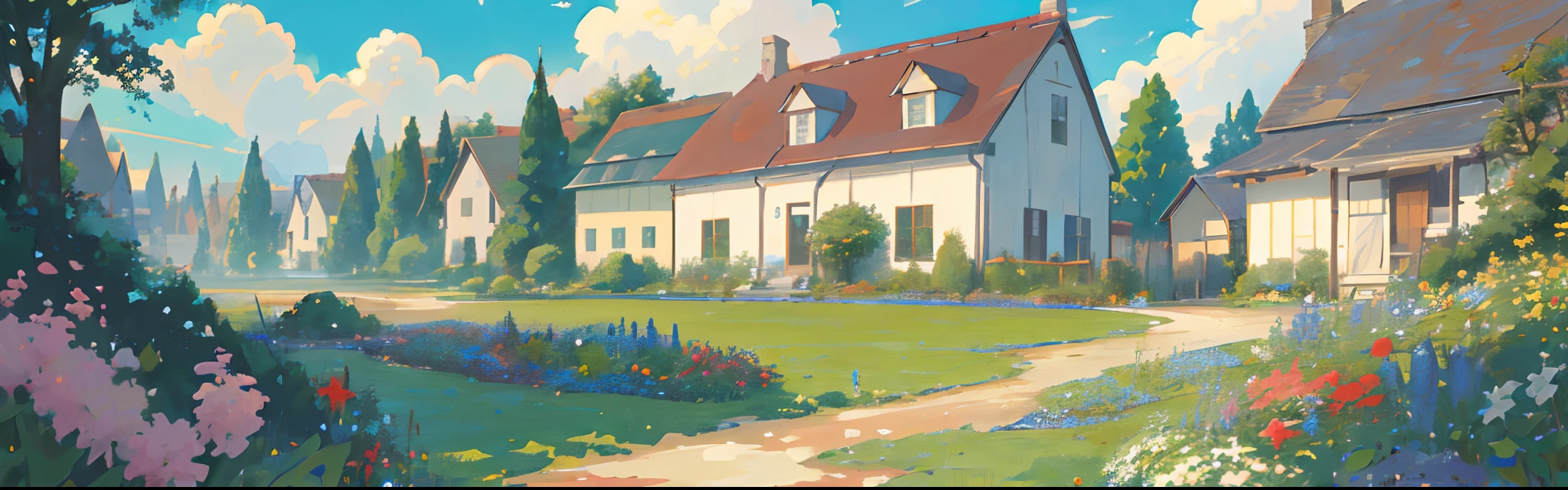 masterpiece,best quality,official art,extremely detailed CG unity 8k wallpaper,outdoors, animal, spring \(season\), cloudy sky,studio ghibli, garden,village,