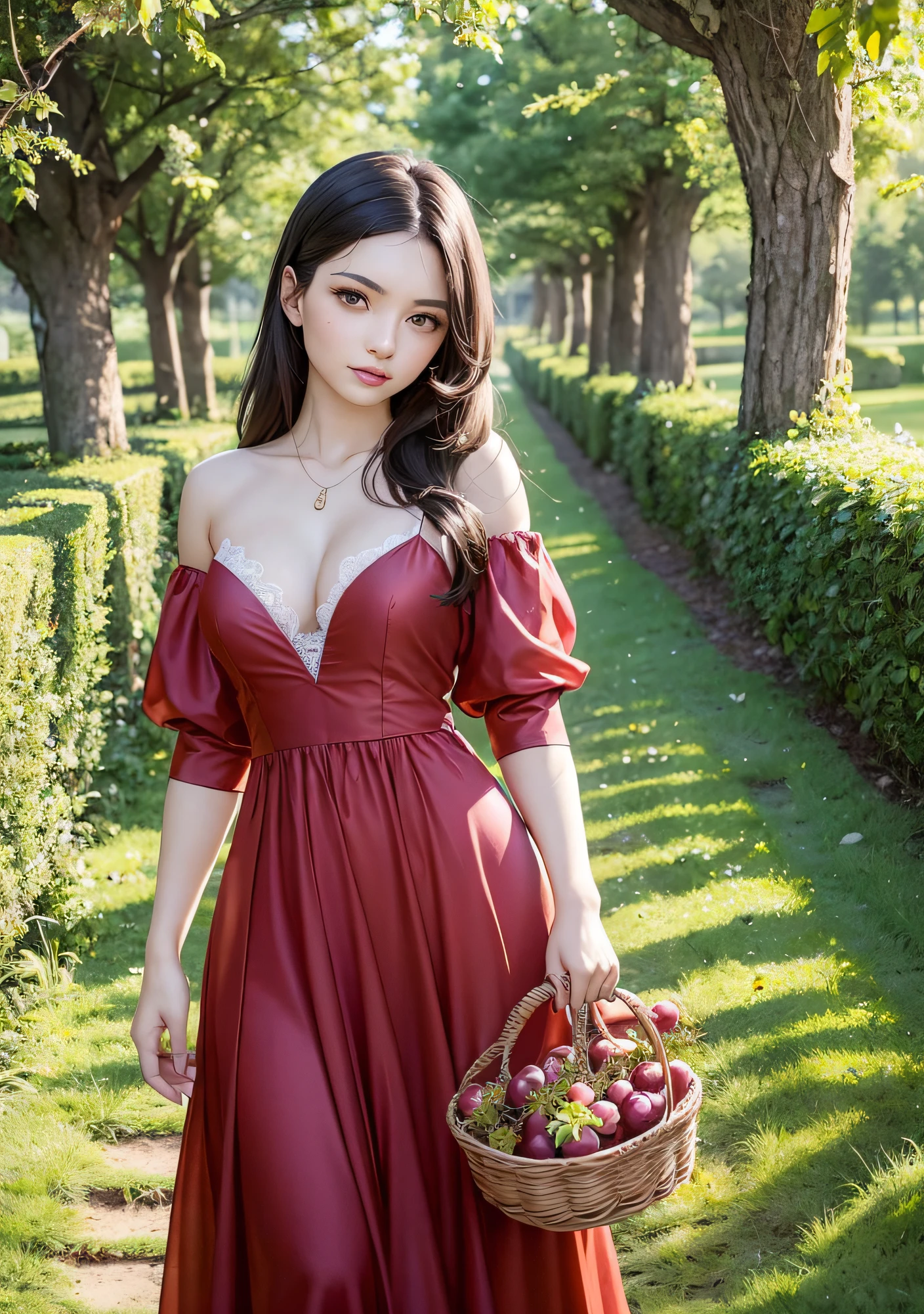 araffe woman in a red dress picking plums from a basket, alena aenami and lilia alvarado, gorgeous woman, sexy girl, nature goddess, beautiful figure, in the countryside, gorgeous figure, in the garden, gorgeous lady, outdoors, cute woman, maxim sukharev, very beautiful woman, vine dress, stunning woman, gorgeous female