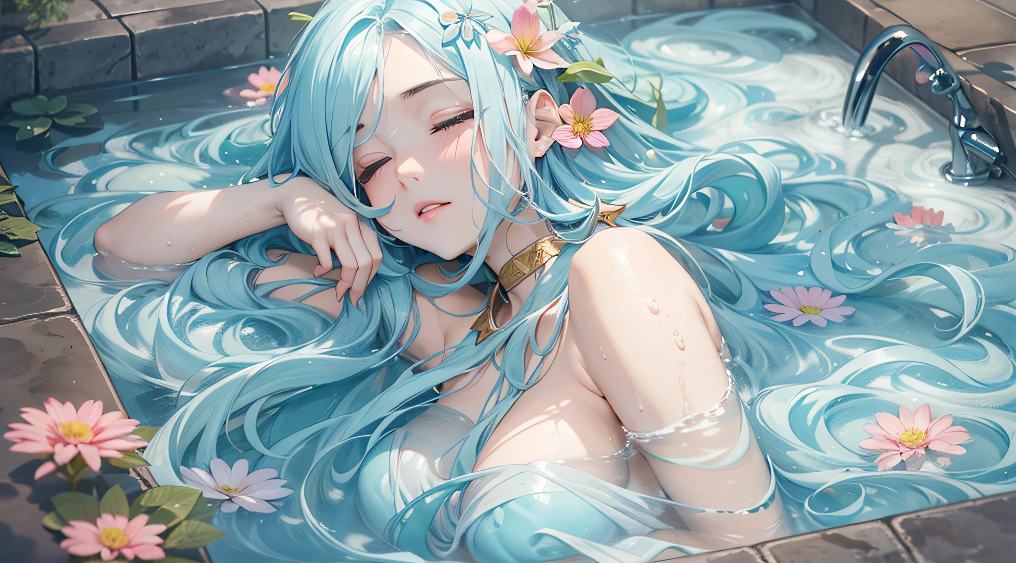 A beautiful goddess of water with long light blue hair is soaking in a hot spring with a bath towel wrapped around her body, dozing off and floating in the hot water.、full bodyesbian、masterpiece