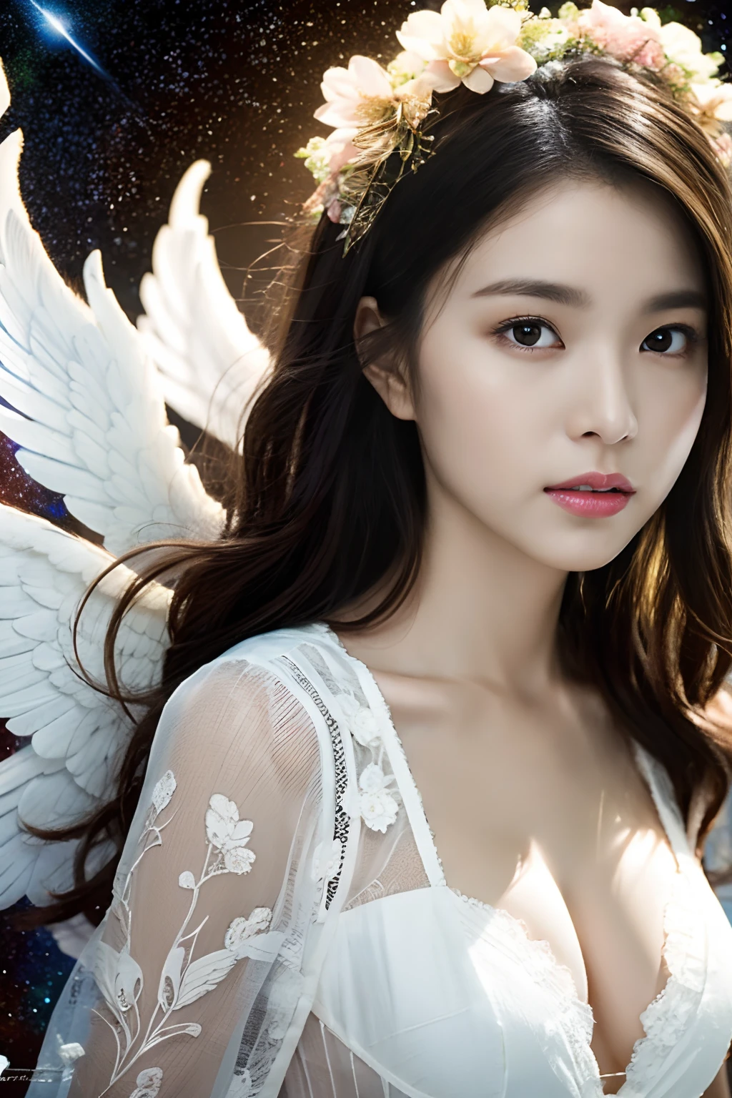 Ultra-realistic 8K CG, perfect face, perfect, clean, masterpiece, professional artwork, famous artwork, movie lighting, cinematic flowers, perfect face, beautiful face, beautiful eyes, (perfect female body, narrow waist), (cleric suit, lace,), (chest out, beautiful clothes, nsfw, chest out, sexy pose: 0.7), (angel wings, angel, white wings: 1.33), delicate pattern, Fascinating, galactic space background, big moon in the back, flapping wings