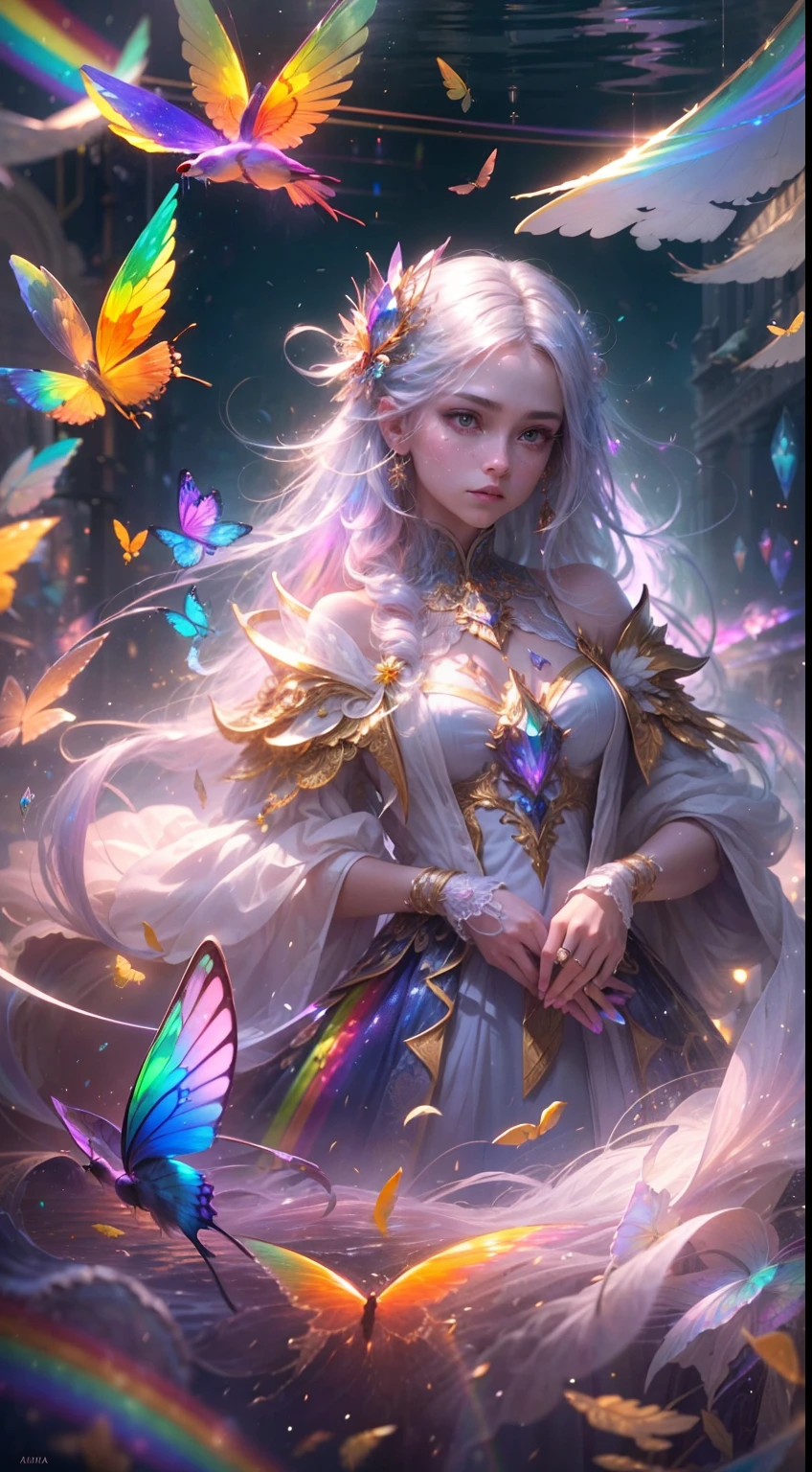 (((masterpiece))), (((best quality))), ((ultra-detailed)),(highly detailed CG illustration), ((an extremely delicate and beautiful)),cinematic light, Create a stunning fantasy artwork that mimics the style of currently trending masters of the genre. The art piece should contain elements of both mythic fantasy and fairytale fantasy with colorful rainbow accents. ((Utilize the rainbow as the main color scheme.)) The character in the artwork is a delicate but strong petite figure with an aura of mystery and magic. Pay close attention to intricate facial features, such as mesmerizing eyes with vibrant colors and bold shading. The character's clothing should be designed with gossamer feathers, silk, stunning embroidery, and subtle iridescent details. Incorporate (((translucent rainbows))), dreamy colors, dynamic lighting, and detailed background elements to create a sense of awe and immersion. Include colorful flying magical birds and jewel-toned rainbow butterflies radiating a magical aura. Consider the latest trends in fantasy art, such as incorporating unique lighting effects, exploring dynamic and compelling composition techniques, and experimenting with unique color palettes. Take inspiration from the top artists on ArtStation and Midjourney. Camera: Choose an angle that highlights the character's beauty and enhances the magical majesty of the artwork. Lighting: Utilize atmospheric lighting techniques to create depth and mood. Resolution: Aim for a high-resolution artwork to showcase intricate details and clarity. Art Inspirations: Seek inspiration from the trending artists on ArtStation, exploring different styles, genres, and themes.