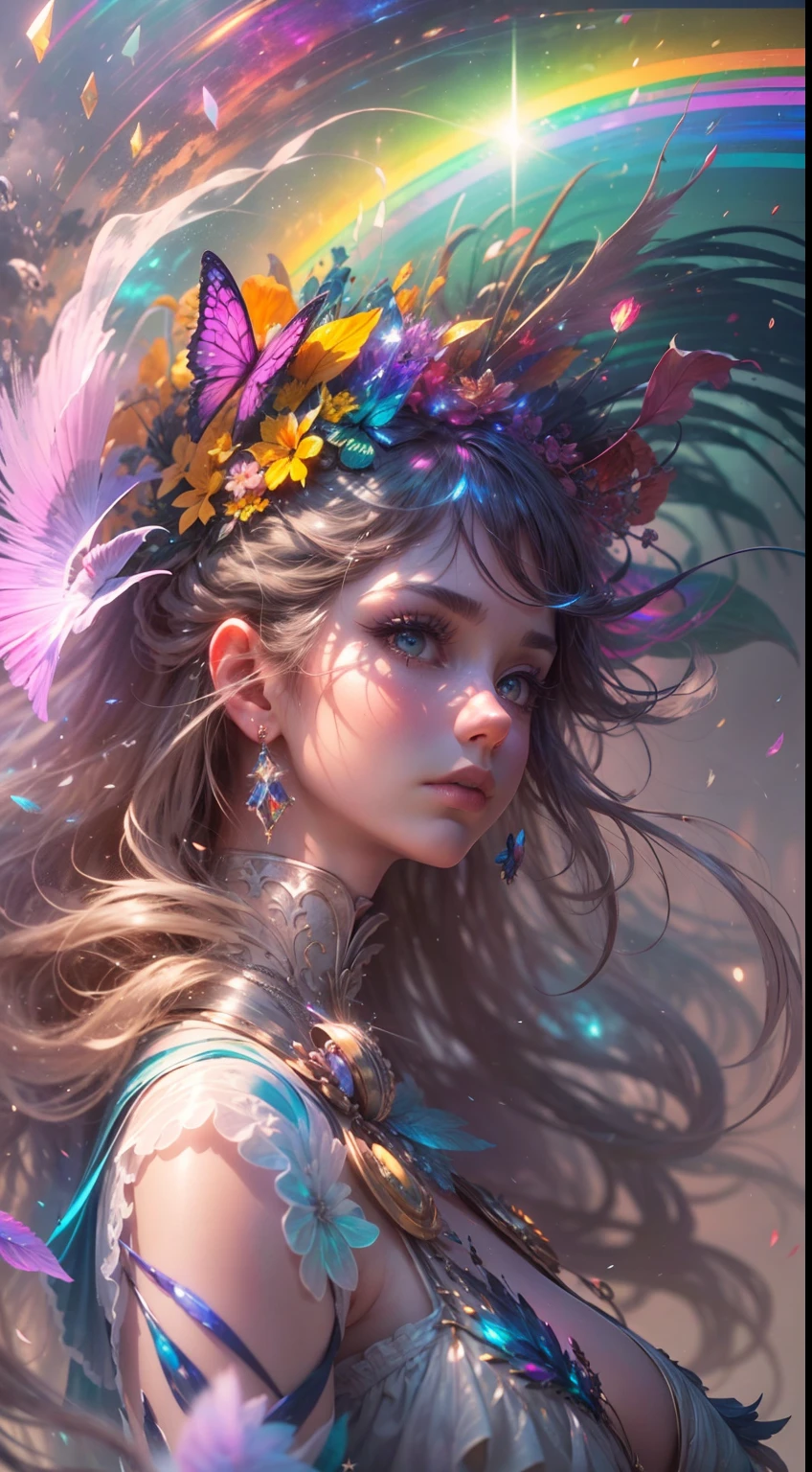 (((masterpiece))), (((best quality))), ((ultra-detailed)),(highly detailed CG illustration), ((an extremely delicate and beautiful)),cinematic light, Create a stunning fantasy artwork that mimics the style of currently trending masters of the genre. The art piece should contain elements of both mythic fantasy and fairytale fantasy with colorful rainbow accents. ((Utilize the rainbow as the main color scheme.)) The character in the artwork is a delicate but strong petite figure with an aura of mystery and magic. Pay close attention to intricate facial features, such as mesmerizing eyes with vibrant colors and bold shading. The character's clothing should be designed with gossamer feathers, silk, stunning embroidery, and subtle iridescent details. Incorporate (((translucent rainbows))), dreamy colors, dynamic lighting, and detailed background elements to create a sense of awe and immersion. Include colorful flying magical birds and jewel-toned rainbow butterflies radiating a magical aura. Consider the latest trends in fantasy art, such as incorporating unique lighting effects, exploring dynamic and compelling composition techniques, and experimenting with unique color palettes. Take inspiration from the top artists on ArtStation and Midjourney. Camera: Choose an angle that highlights the character's beauty and enhances the magical majesty of the artwork. Lighting: Utilize atmospheric lighting techniques to create depth and mood. Resolution: Aim for a high-resolution artwork to showcase intricate details and clarity. Art Inspirations: Seek inspiration from the trending artists on ArtStation, exploring different styles, genres, and themes.