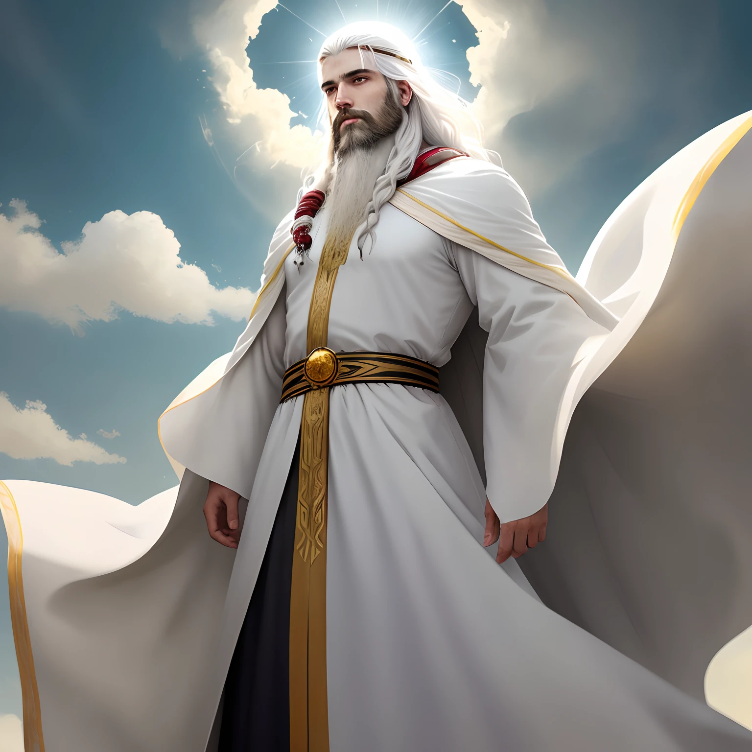 The man with white hair and beard and bright yellow eyes Jesus was dressed in a long broad robe from neck to toe and stained with blood, On the chest a champion band, seus sapatos brilham, He is coming on the clouds of the sky, ao fundo, uma cidade flutuante