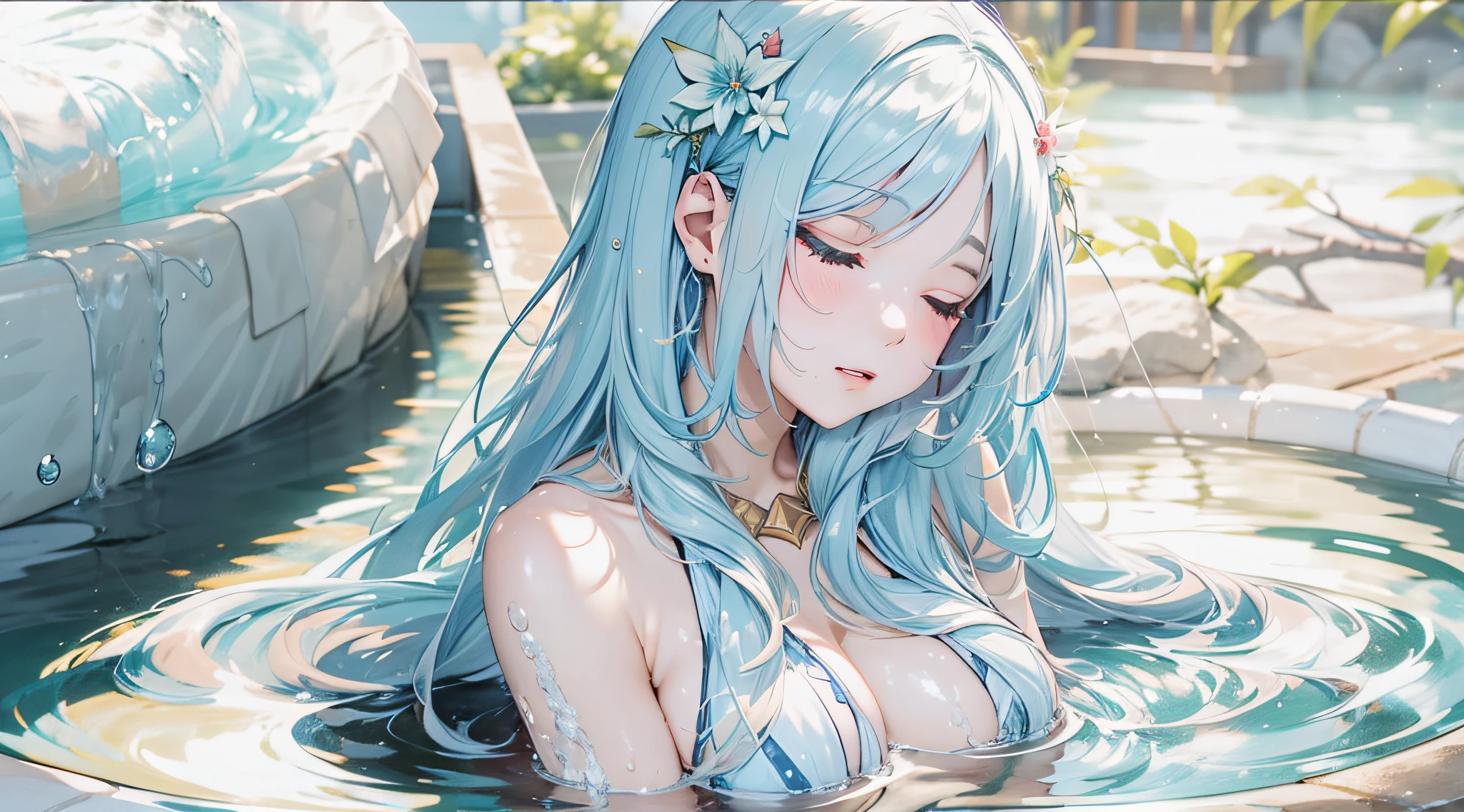 A beautiful goddess of water with long light blue hair is soaking in a hot spring with a bath towel wrapped around her body, dozing off and floating in the hot water.、full bodyesbian、masterpiece