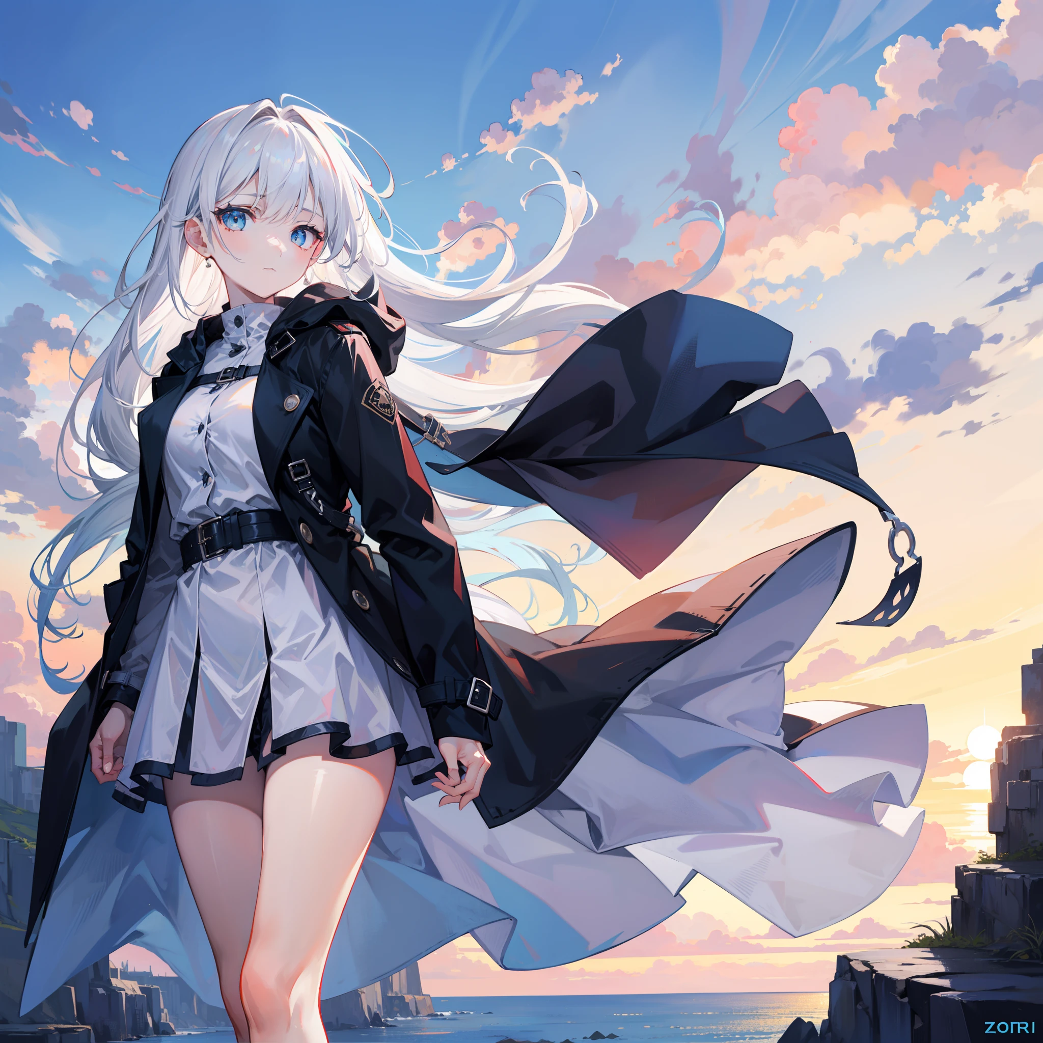 cliffside，zori，The girl wears a trench coat and hood，long  white hair，blue color eyes，Watch the sunset sideways，The expression is firm，The breeze blows through，HighestQuali