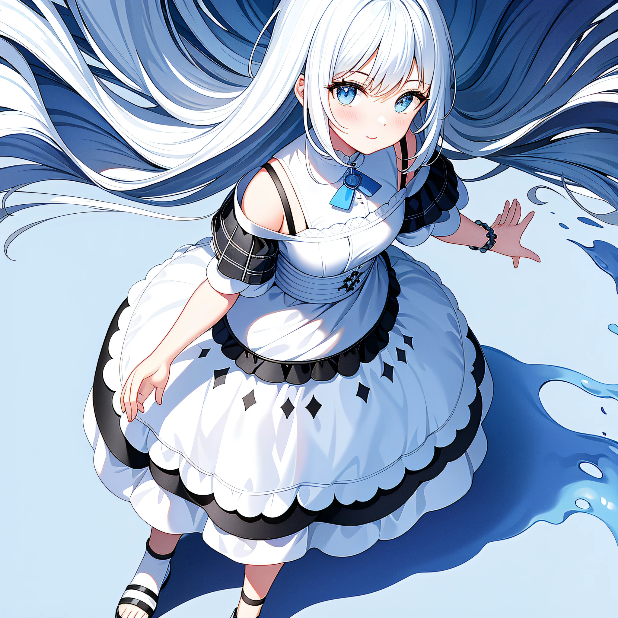 masterpiece,(best quality),(1girl) ,solo,(high contrast:1.2),(high saturation:1.2), ((hands on the pocket)),((black and white sdress)),looking at viewer,((white and light blue theme:1.3)),((white and light blue background:1.5)),white hair,blue eyes,((walking:1.3)),full body,black footwear,((the light blue water on sky and white cloud and day)),((from above:1.2)),Ink painting seamleess pattern