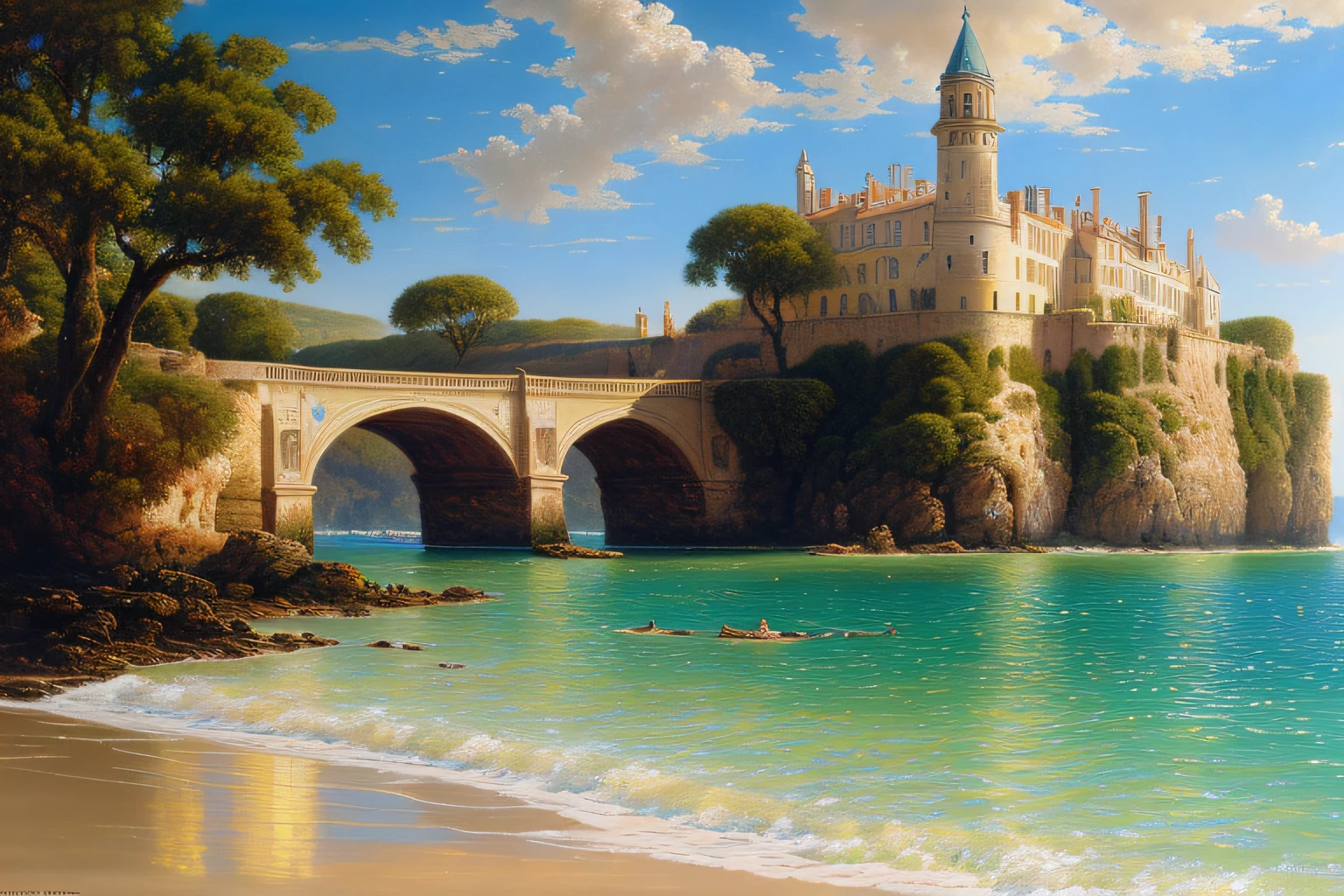 paysage avec vue sur mer (Highly detailed CG Unit 8k wallpaper), The most beautiful work of art in the world, Professional majestic oil painting, complexe, High detail, mise au point nette, dramatique, Art of photorealist painting, Alma Tadema
