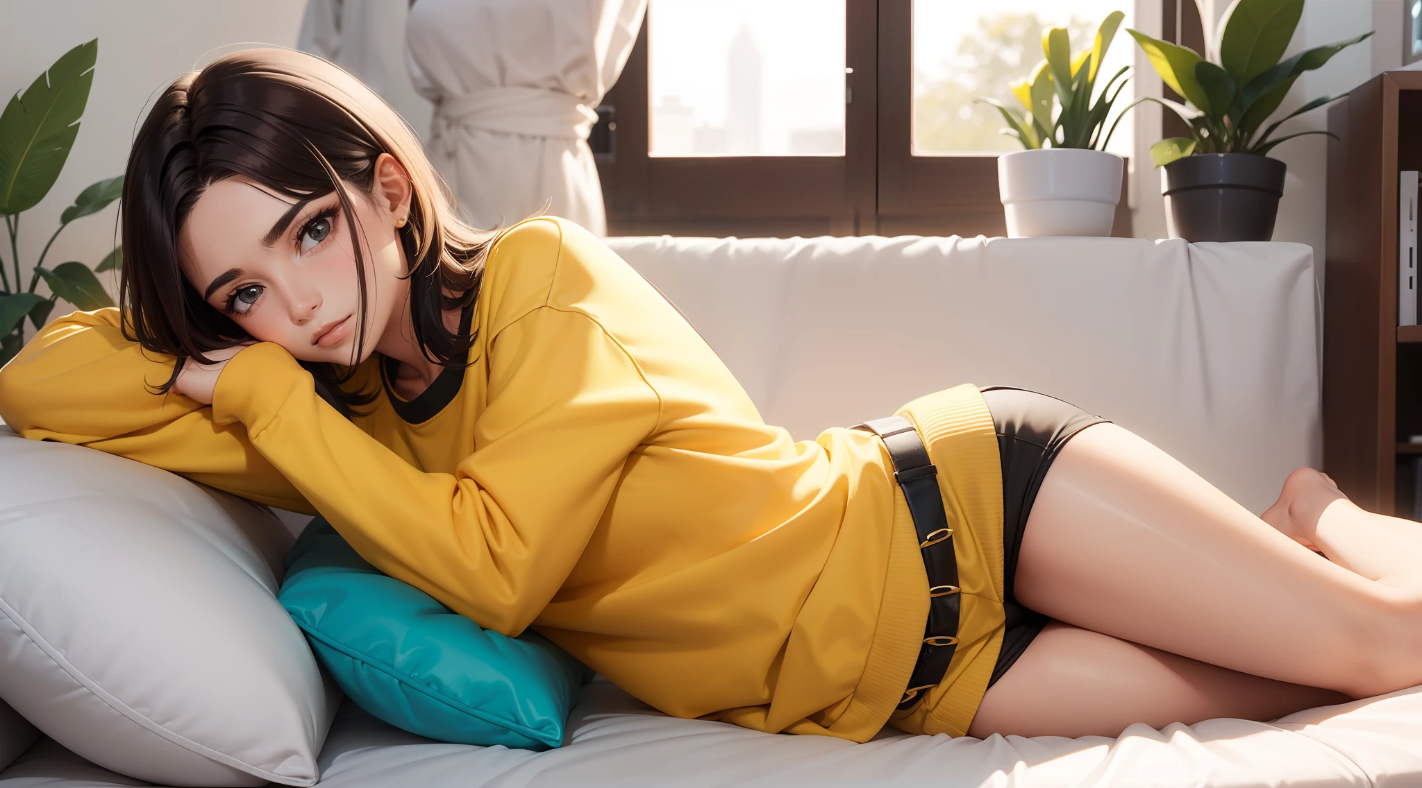 uma mulher de cabelos castanho comprido, in a yellow sweatshirt standing, cabelo preto, side view