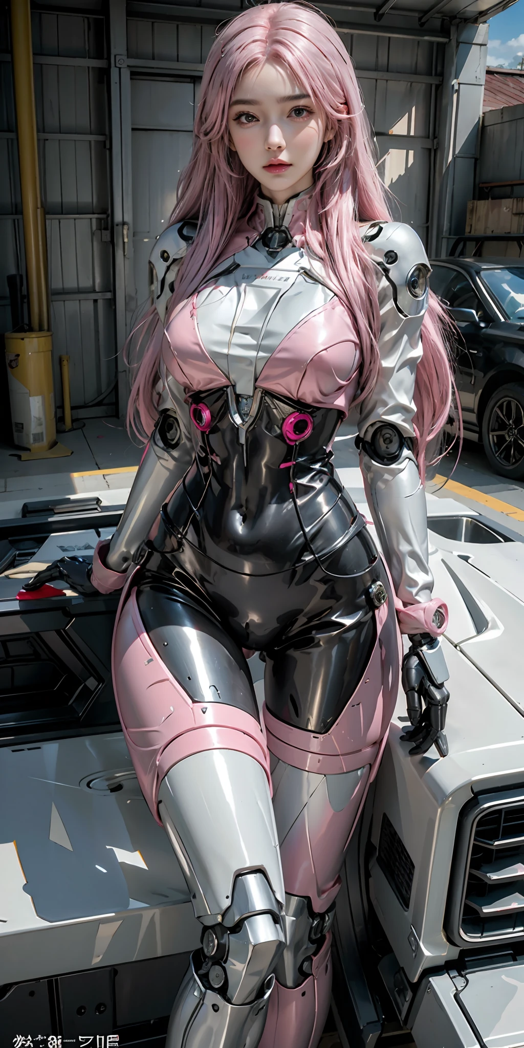 photorealistic, high resolution, soft light,1women, solo, hips up, (detailed face), pink hair, long hair, mecha musume, colorful mechanical parts, robot joints, black mechanical bodysuit, cyborg, full metal body, garage