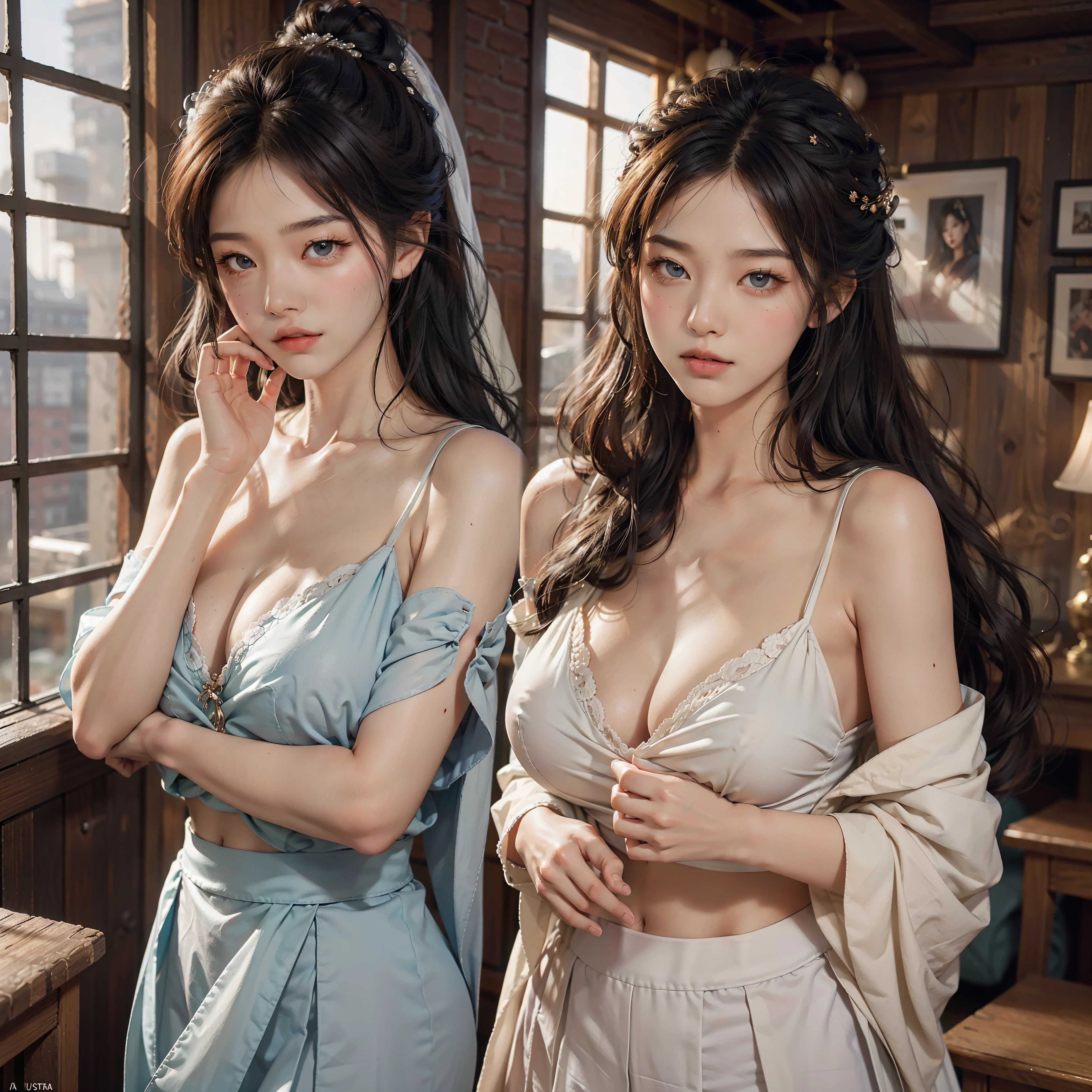 (hoang lap,A high resolution,ultra - detailed),1girll,Shy,is shy,(Pure and beautiful)(Pure desire)Gentle and sweet girl,Complicated details,enlarged textures,Complicated details,Fine eyes and detailed face,Complicated details,Fluttering hair,Clothes cover your hands,Hands covered,huge boob,perfect boobs,areola of breast,(Keep one's mouth shut),(perfect eyes,Equal eyes),Transparent clothes,cropped shoulders,nabel,Superskirt,Ultra photo realsisim,photograph of-realistic,