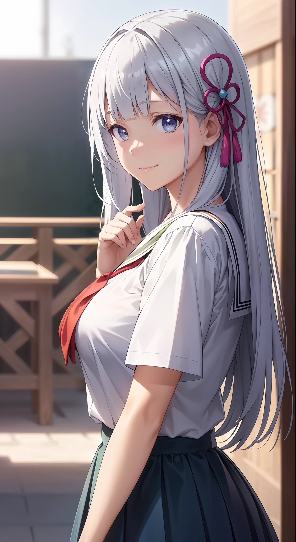 hair ornament, very long hair, japanese clothes, professional artwork, Intricate Details, field of view, sharp focus, detailed painting, photorealistic lighting, trending on pixiv, Standing at attention, (( girl, summer school outfit)), ((large breasts:1,3)), Beautiful body,Beautiful Nose,Beautiful character design, perfect eyes, perfect face, looking at viewer, SFW,official art,extremely detailed CG unity 8k wallpaper, perfect lighting,Colorful, Bright_Front_face_Lighting, (masterpiece:1.0),(best_quality:1.0), ultra high res,4K,ultra-detailed, photography, 8K, HDR, highres, absurdres:1.2, Kodak portra 400, film grain, blurry background, bokeh:1.2, lens flare, (vibrant_color:1.2), shikkoku_yorihime, (happy smile, cheers), ((looking at viewer, front body pose))