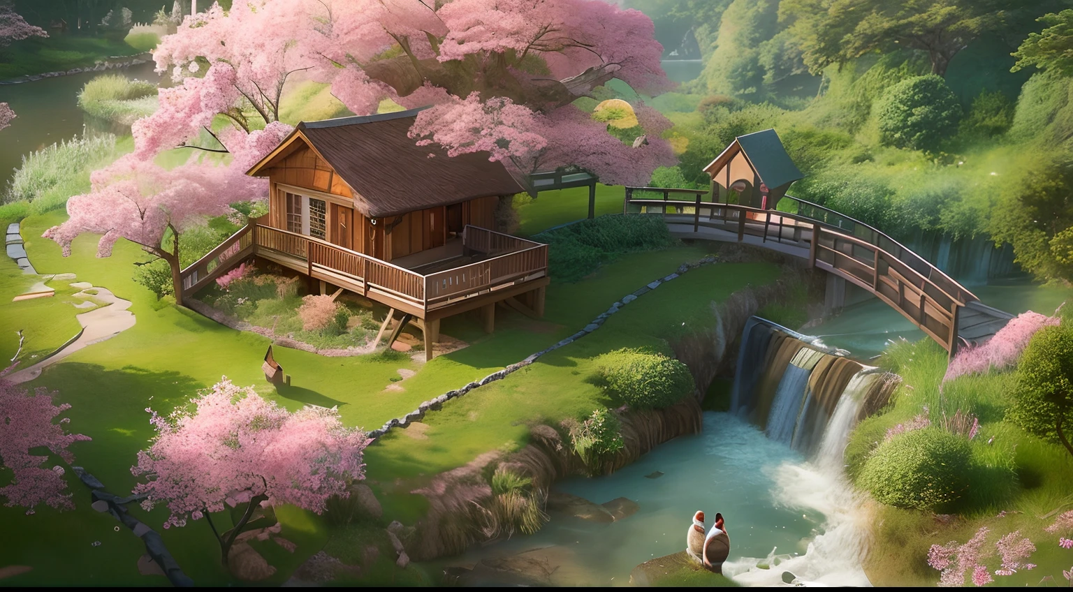 awardwinning, concept-art, fine art, epic fantasy digital art, bird's eyes view，Cinematic lighting,Downward view，super wide shot，Viewing angle from afar，depth of fields，The beauty of an idyllic country fairy tale，((waterfallr))，Quaint, Picturesque, Rustic,  ((lawns;1.7)), ((Peach blossom tree)), ((Small rivers:1.4)),  ((The tree house is connected to the tree house by a wooden bridge)), Epic, ((Cinematic lighting)), High quality, High contrast, Realistic lighting,4K textures, photolab, hdr, ((iintricate)), elegant, Highly detailed, Sharp focus, insanely details, Intricate details, ultra - detailed, Harsh movie light, Outdoor atmosphere,tmasterpiece，best qualtiy，（Very detailed CG unity 8K wallpaper），（best qualtiy），（Most Best Illustration），（Best shadow），Natural elements in idyllic rural theme。Mysterious idyllic countryside，Beautiful idyllic countryside，naturey，surrounded by flower，nature elements），（Idyllic country theme），,3D，  Ray traching，A secluded utopia。A clear stream winds through a valley of blooming peachtrees。Tree house in the woods，Villagers wear traditional clothing，Live a peaceful life。in the background，The misty mountains are a barrier to the outside world。The sunrise depicts the serene scene in gold and pink tones。This scene exudes an air of tranquility，Depicting the harmony between man and nature。