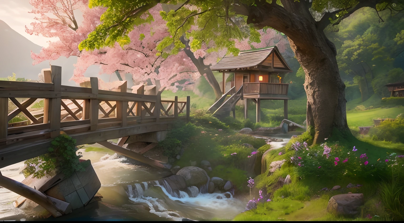 awardwinning, concept-art, fine art, epic fantasy digital art, bird's eyes view，Cinematic lighting,Downward view，super wide shot，Viewing angle from afar，depth of fields，The beauty of an idyllic country fairy tale，((waterfallr))，Quaint, Picturesque, Rustic,  ((lawns;1.7)), ((Peach blossom tree)), ((Small rivers:1.4)),  ((The tree house is connected to the tree house by a wooden bridge)), Epic, ((Cinematic lighting)), High quality, High contrast, Realistic lighting,4K textures, photolab, hdr, ((iintricate)), elegant, Highly detailed, Sharp focus, insanely details, Intricate details, ultra - detailed, Harsh movie light, Outdoor atmosphere,tmasterpiece，best qualtiy，（Very detailed CG unity 8K wallpaper），（best qualtiy），（Most Best Illustration），（Best shadow），Natural elements in idyllic rural theme。Mysterious idyllic countryside，Beautiful idyllic countryside，naturey，surrounded by flower，nature elements），（Idyllic country theme），,3D，  Ray traching，A secluded utopia。A clear stream winds through a valley of blooming peachtrees。Tree house in the woods，Villagers wear traditional clothing，Live a peaceful life。in the background，The misty mountains are a barrier to the outside world。The sunrise depicts the serene scene in gold and pink tones。This scene exudes an air of tranquility，Depicting the harmony between man and nature。