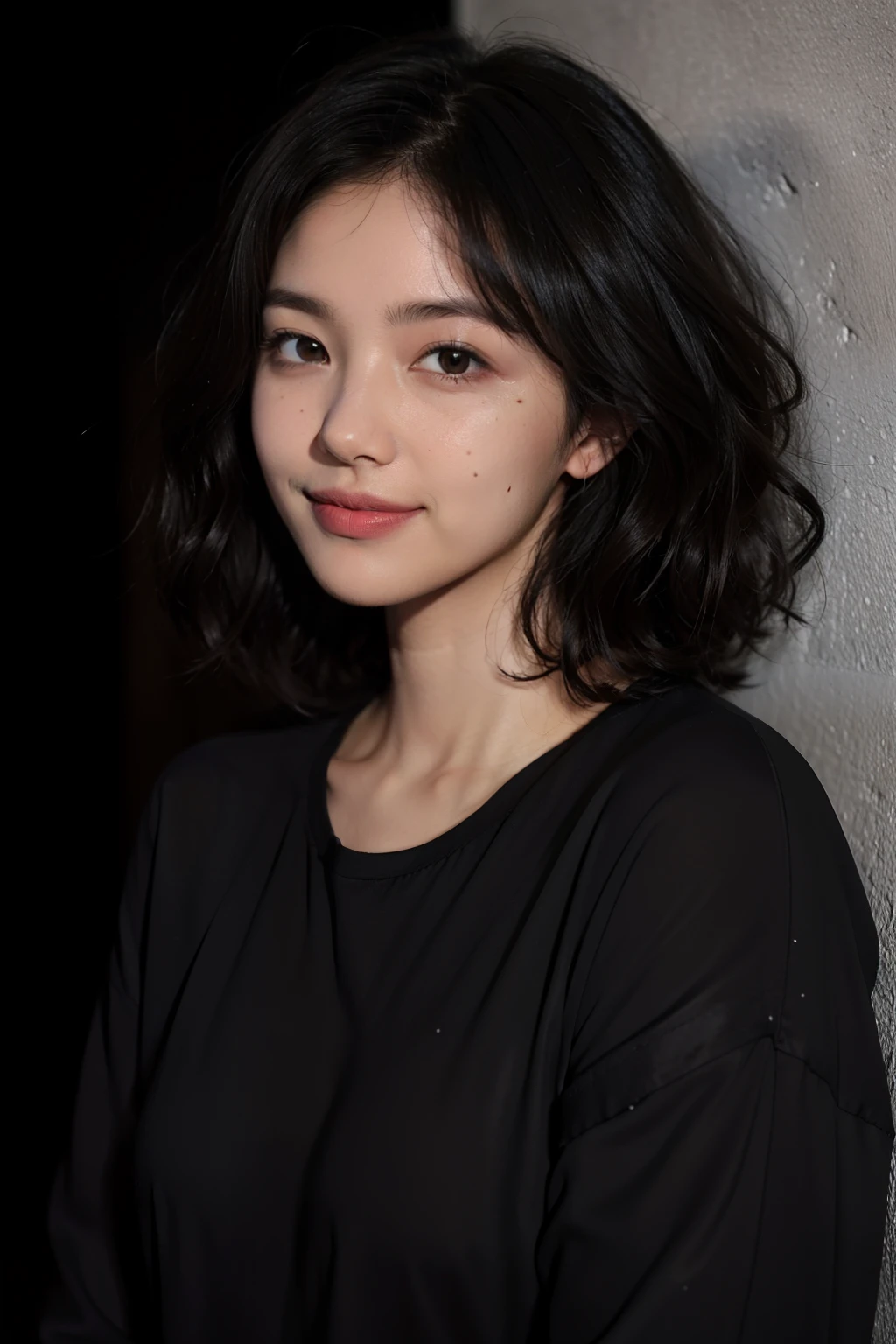 1girll,fake smile,short and wavy hair,In the dark,deepshadow,There is a mole at the corner of the eye