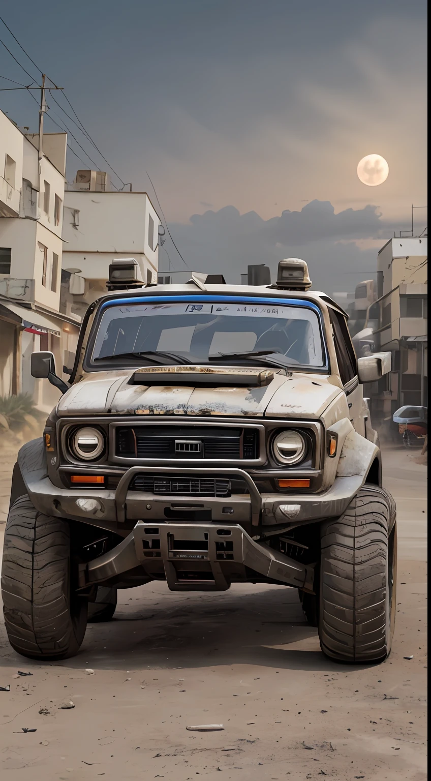 gopro shot of a (cyberpunk armored SUV) zeekars, 3/4 front view, wide angle action shot, post-apocalyptic, outdoors, night, road, destruction, urban decay, moonlight, full moon in background, masterpiece, photorealistic, 8k, high detail, dark theme,