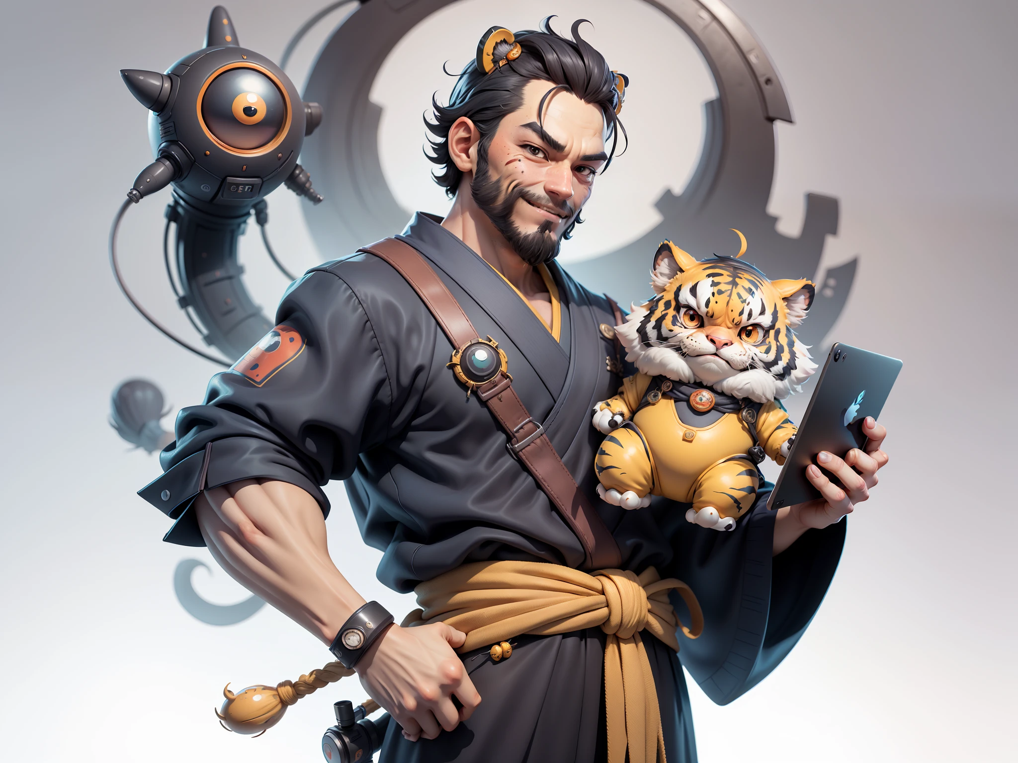 (Daisaku),(Need),(Super meticulous),(full bodyesbian:1.2),Super young man with Japanese geisha,Beautiful,orient,one tiger,Aeolian Thor,Raised sexy,爆乳,Oriental face,TV Anchor,Bust portrait illustration,In black suit,a blue tie,The face is slightly chubby,The face was clean,without a beard,Black super short hair,Black eyes,Smile confidently,3C computer sub-products,iPad, iphone,Digital painting,3D character design by Mark Clairen and Pixar and Hayao Miyazaki and Akira Toriyama,The illustration is a high-definition illustration in 4K resolution,With very detailed facial features and cartoon-style visuals。
