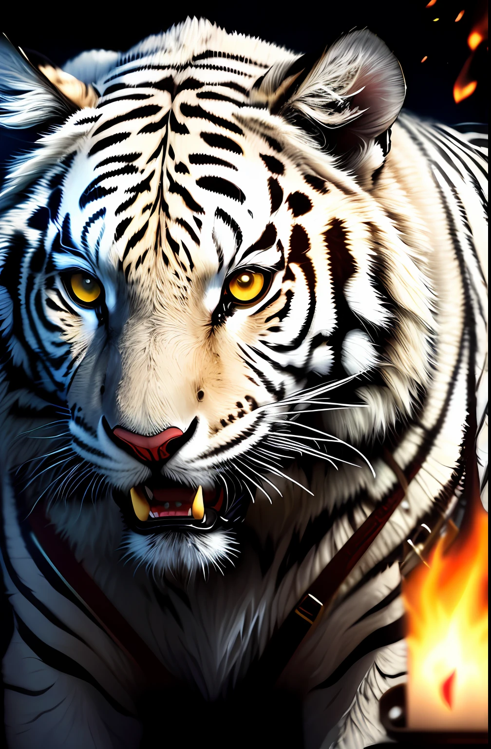 extremely detailed 8k wallpaper), intricate, richly detailed, dramatic, smiling white Tiger with white kimono, ready for combat, Sinister face is drawn with only a pair of red eyes peeking underneath, graphics insanely, light is reflected in the ornaments, bright ashes ooze from the torches in the vaulted passage during the leisurely walk through the gloomy cathedral,  Show the whole person with some distance from the surroundings to get your own license.