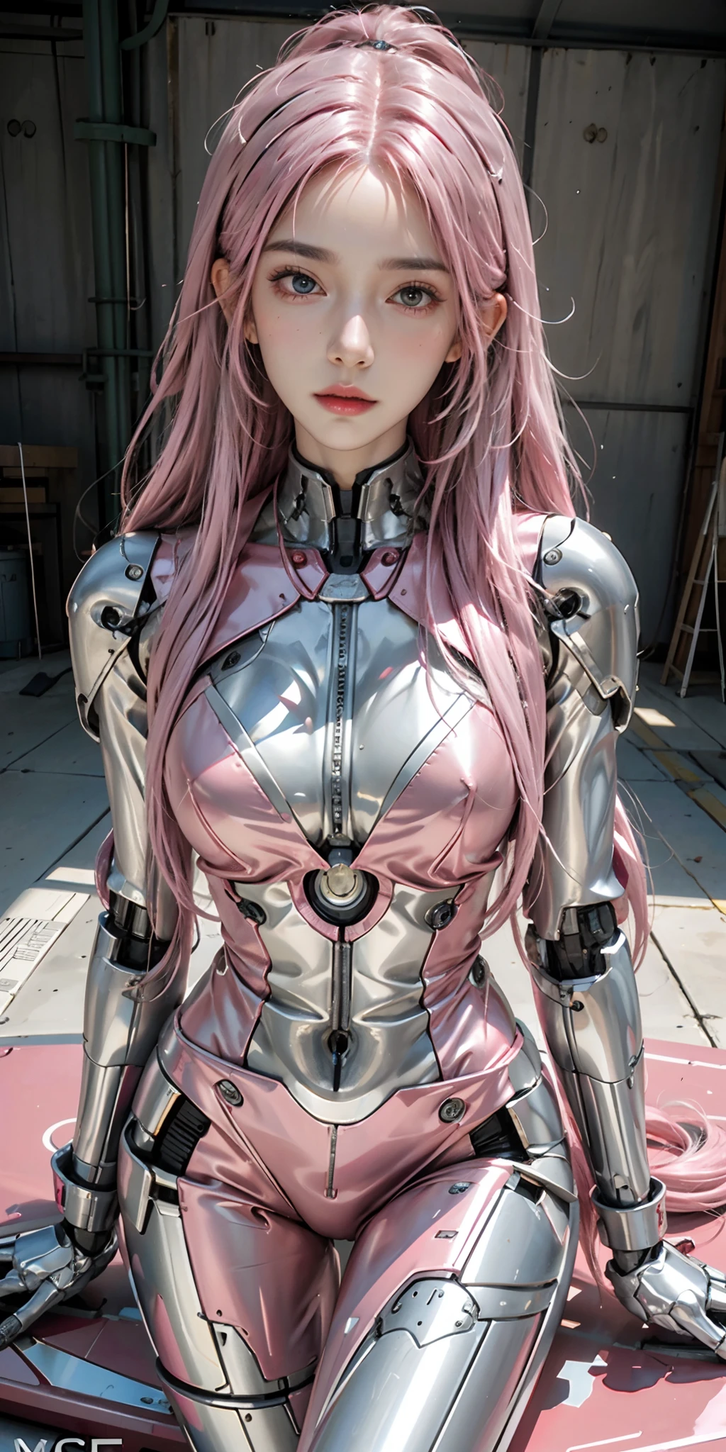 photorealistic, high resolution, soft light,1women, solo, hips up, (detailed face), pink hair, long hair, mecha musume, colorful mechanical parts, robot joints, black mechanical bodysuit, cyborg, full metal body, garage