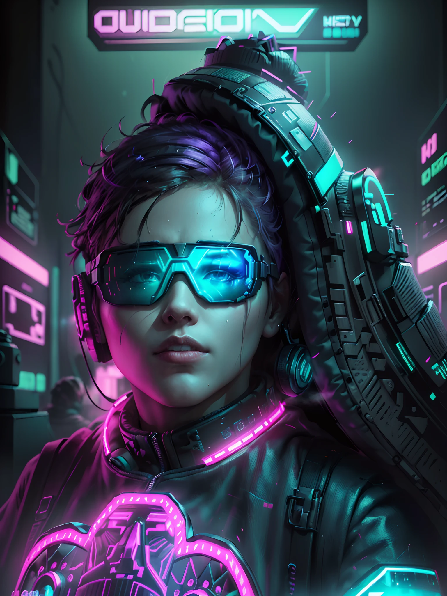 ((Best quality)), ((masterpiece)), (highly detailed:1.3), 3D,NeonNoir, beautiful cyberpunk,(wearing head-mounted display that is chunky and hi-tech:1.2),wearing a cape,hacking a computer terminal,PURPLE NEON LIGHT FROM MONITOR, GREEN NEON SIGNS ON THE WALL,