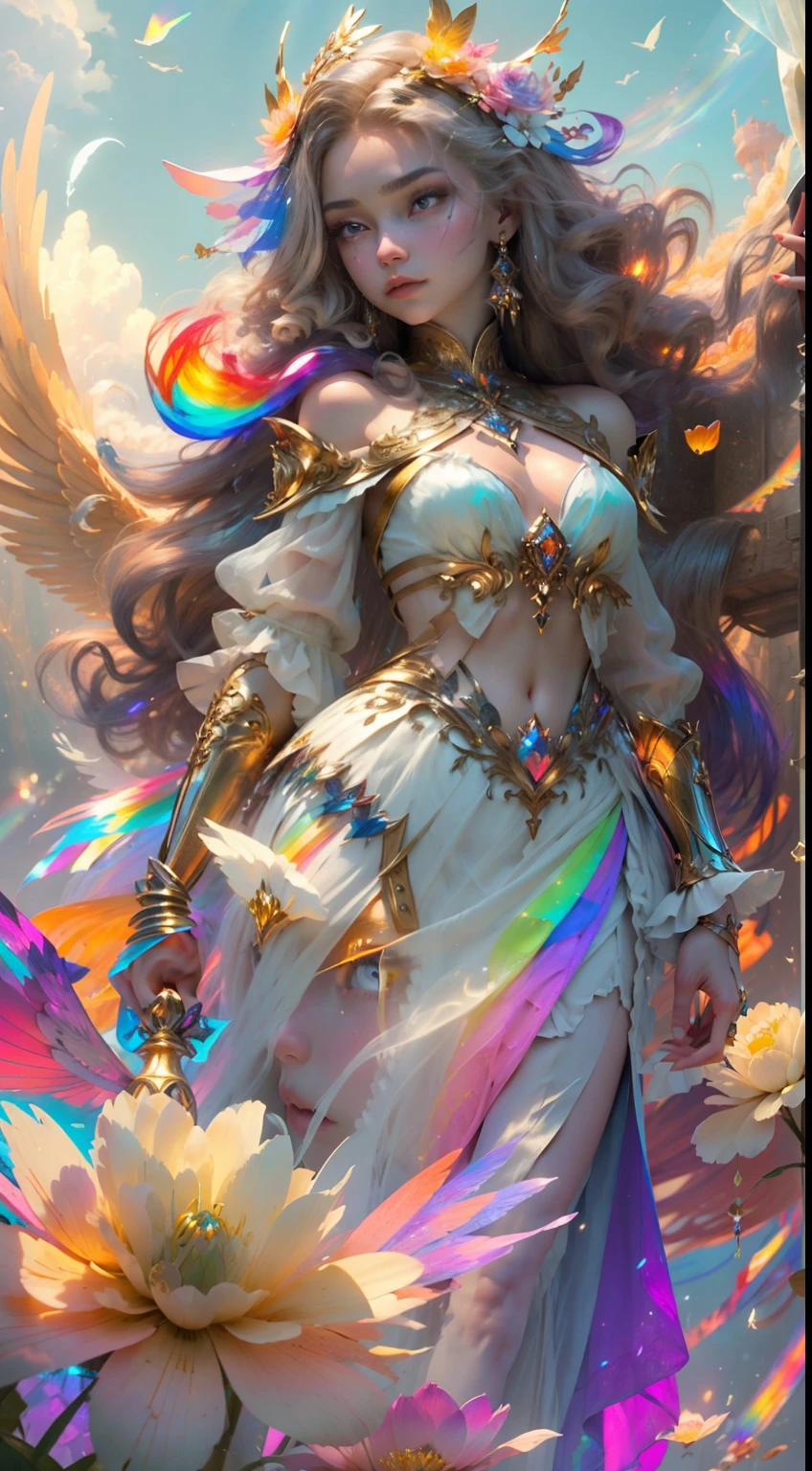 (((masterpiece))), (((best quality))), ((ultra-detailed)),(highly detailed CG illustration), ((an extremely delicate and beautiful)),cinematic light, Create a stunning fantasy artwork that mimics the style of currently trending masters of the genre. The art piece should contain elements of both mythic fantasy and fairytale fantasy with colorful rainbow accents. ((Utilize the rainbow as the main color scheme.)) The character in the artwork is a delicate but strong petite figure with an aura of mystery and magic. Pay close attention to intricate facial features, such as mesmerizing eyes with vibrant colors and bold shading. The character's clothing should be designed with gossamer feathers, silk, stunning embroidery, and subtle iridescent details. Incorporate (((translucent rainbows))), dreamy colors, dynamic lighting, and detailed background elements to create a sense of awe and immersion. Include colorful flying magical birds and jewel-toned rainbow butterflies radiating a magical aura. Consider the latest trends in fantasy art, such as incorporating unique lighting effects, exploring dynamic and compelling composition techniques, and experimenting with unique color palettes. Take inspiration from the top artists on ArtStation and Midjourney. Camera: Choose an angle that highlights the character's beauty and enhances the magical majesty of the artwork. Lighting: Utilize atmospheric lighting techniques to create depth and mood. Resolution: Aim for a high-resolution artwork to showcase intricate details and clarity. Art Inspirations: Seek inspiration from the trending artists on ArtStation, exploring different styles, genres, and themes.
