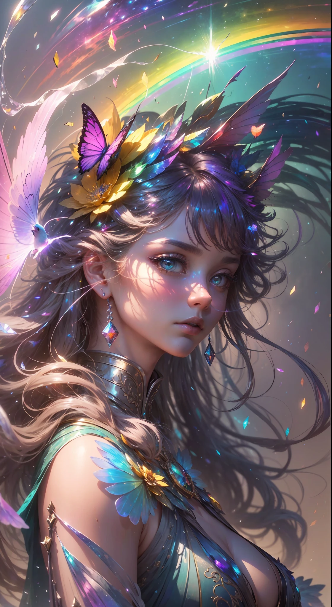 (((masterpiece))), (((best quality))), ((ultra-detailed)),(highly detailed CG illustration), ((an extremely delicate and beautiful)),cinematic light, Create a stunning fantasy artwork that mimics the style of currently trending masters of the genre. The art piece should contain elements of both mythic fantasy and fairytale fantasy with colorful rainbow accents. ((Utilize the rainbow as the main color scheme.)) The character in the artwork is a delicate but strong petite figure with an aura of mystery and magic. Pay close attention to intricate facial features, such as mesmerizing eyes with vibrant colors and bold shading. The character's clothing should be designed with gossamer feathers, silk, stunning embroidery, and subtle iridescent details. Incorporate (((translucent rainbows))), dreamy colors, dynamic lighting, and detailed background elements to create a sense of awe and immersion. Include colorful flying magical birds and jewel-toned rainbow butterflies radiating a magical aura. Consider the latest trends in fantasy art, such as incorporating unique lighting effects, exploring dynamic and compelling composition techniques, and experimenting with unique color palettes. Take inspiration from the top artists on ArtStation and Midjourney. Camera: Choose an angle that highlights the character's beauty and enhances the magical majesty of the artwork. Lighting: Utilize atmospheric lighting techniques to create depth and mood. Resolution: Aim for a high-resolution artwork to showcase intricate details and clarity. Art Inspirations: Seek inspiration from the trending artists on ArtStation, exploring different styles, genres, and themes.