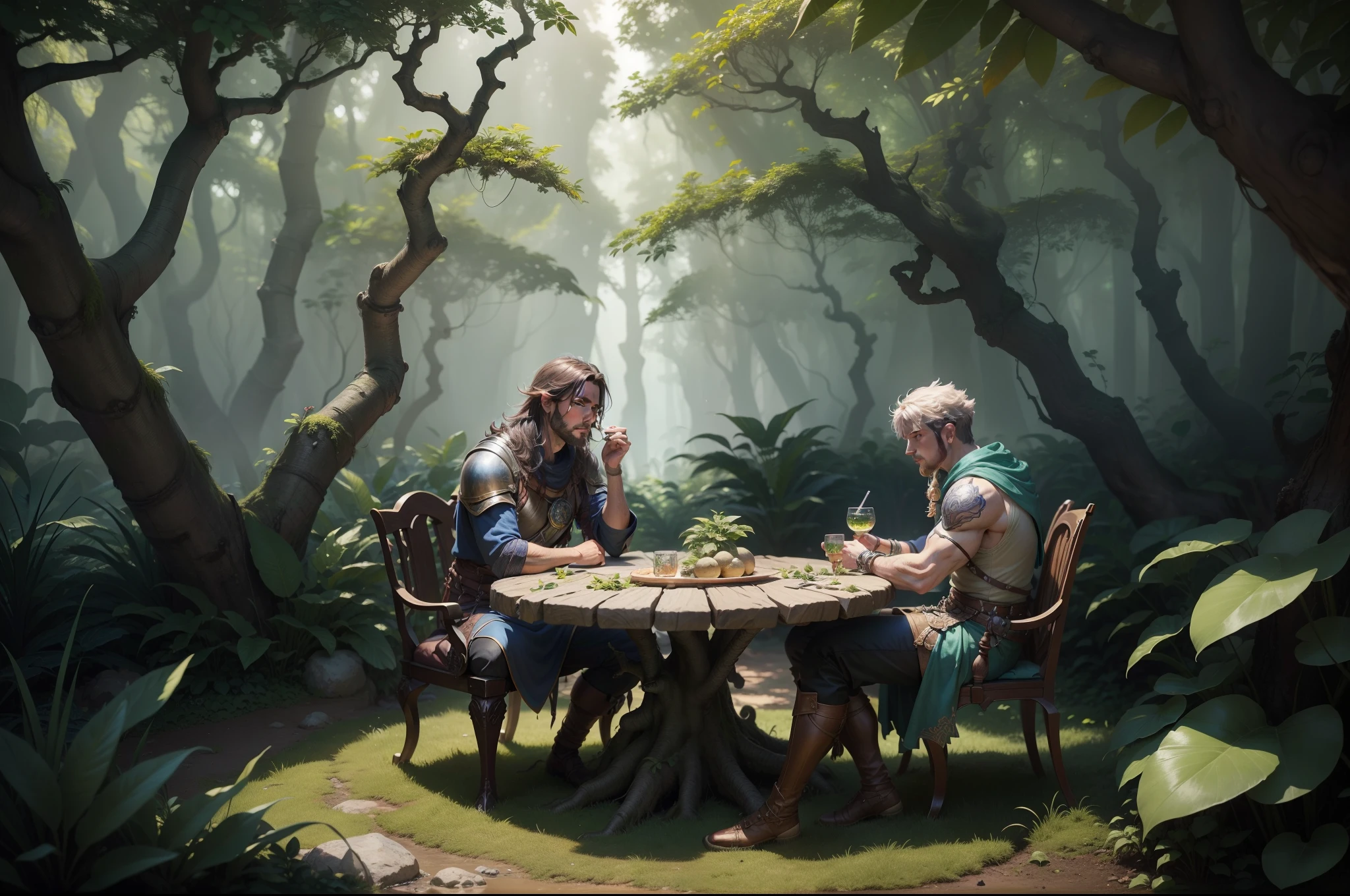 Gerar uma imagem de um aventureiro do universo de Dungeons and Dragons desfrutando de uma pausa merecida ao lado de uma fogueira crepitante, surrounded by the lush vegetation of a fantastic forest