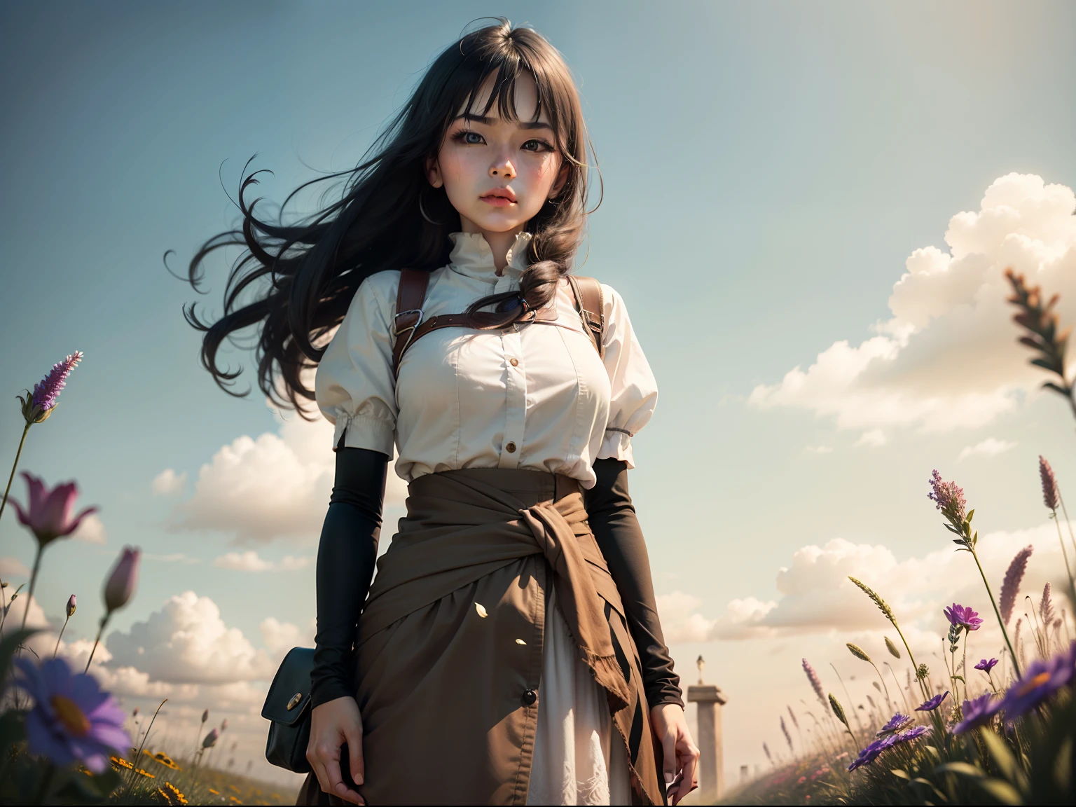 1female，1.5 meters，High- sharpness，Ancient wind，adolable，plumw，Pout with your hands crossed at the waist，Grass under your feet，Lots of colorful flowers next to it