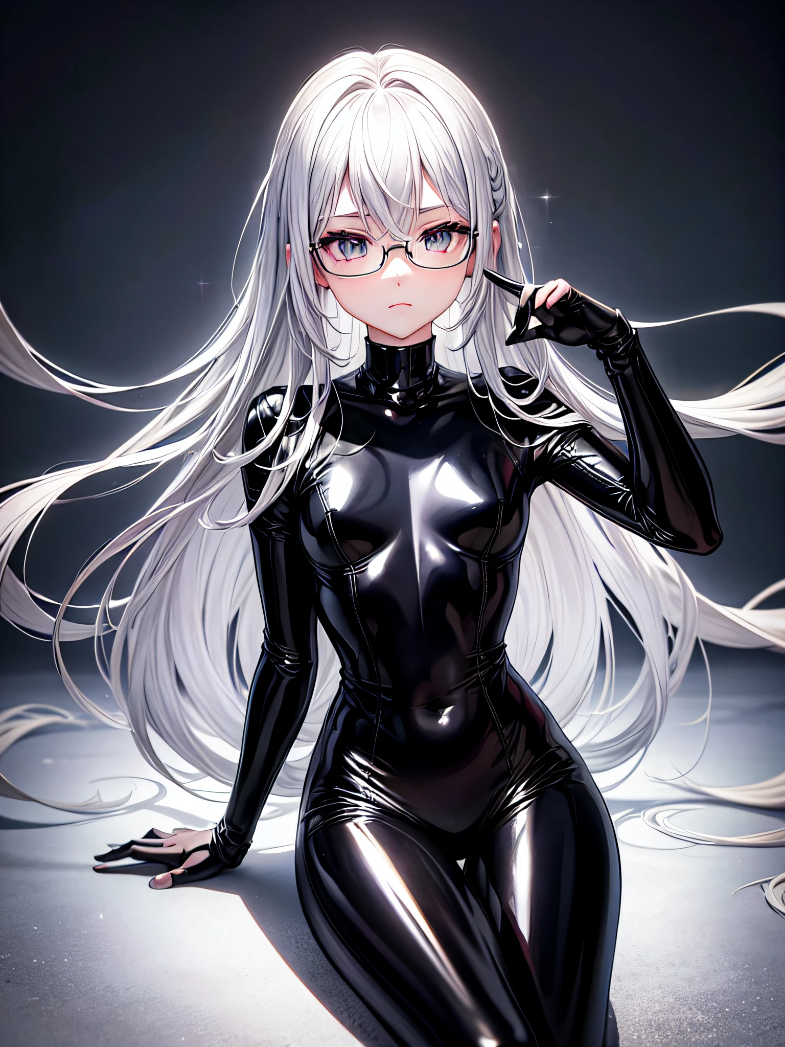 5 8K UHD、Silver-haired and small-nosed beauty in a shiny black rider suit with black shiny fingertips hiding skin up to the tips of black shiny fingertips wearing glasses is looking down with legs wide open、Late night city、Wearing a shiny black latex slider suit with hidden skin、Shiny black latex slider suit、Beautiful-nosed woman with one leg raised with expressionless eyes、Beauty with small nose with open legs、NSFW