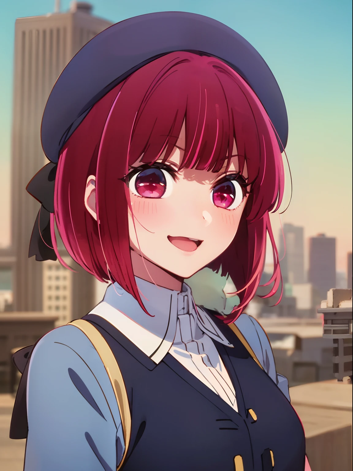 ​masterpiece、ighly detailed、(1 girl in:1.2)、Red hair、Plain clothe、big eye、a closeup、A smile、8K、short-hair、beret、(((anime styled)))、Shining eyes、Open your mouth