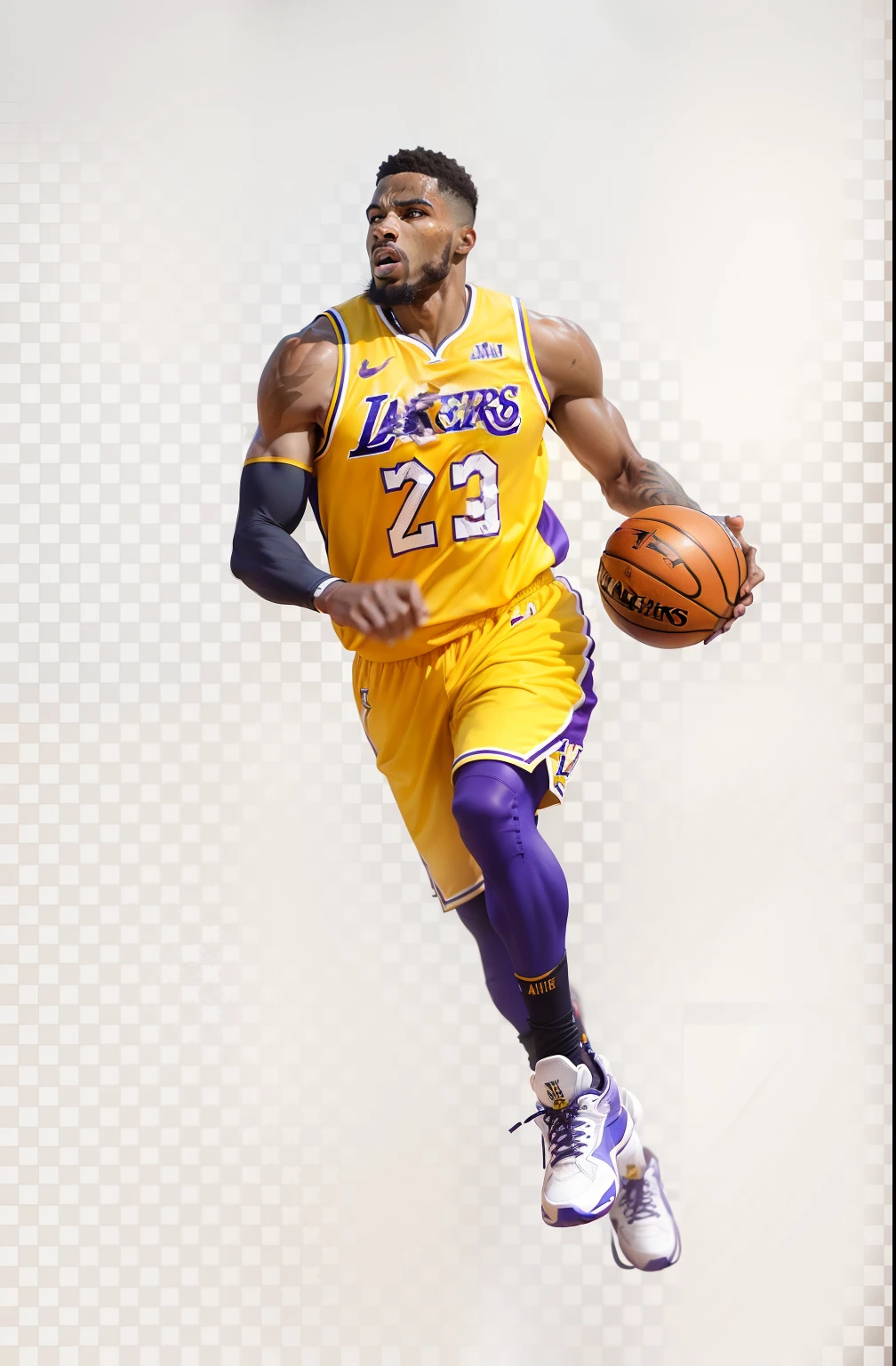 (MAIS ALTA QUALIDADE DE IMAGEM) ....3d, homem negro jogando basquete, rosto altamente detalhado, detailed hands, Detailed strokes, realista, cinematic lighthing, O BLOOM JAMES, Lakers, basquete
