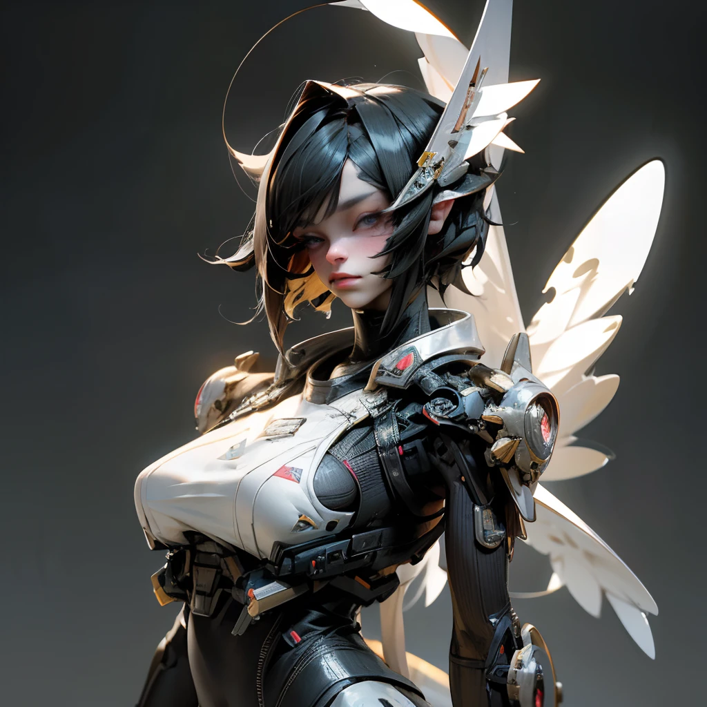 masterpiece, cyberpunk, ultra realistic, Like a Yael Shelbia, 3d, 3d rendering, porcelain, latex, Best quality, human anatomy, real hair, short hair, asymmetrical cut hair, moving hair, huge breasts, human anatomy, posing for photo, translucent, (ethereal, dreamlike), formidable, 8k wallpaper