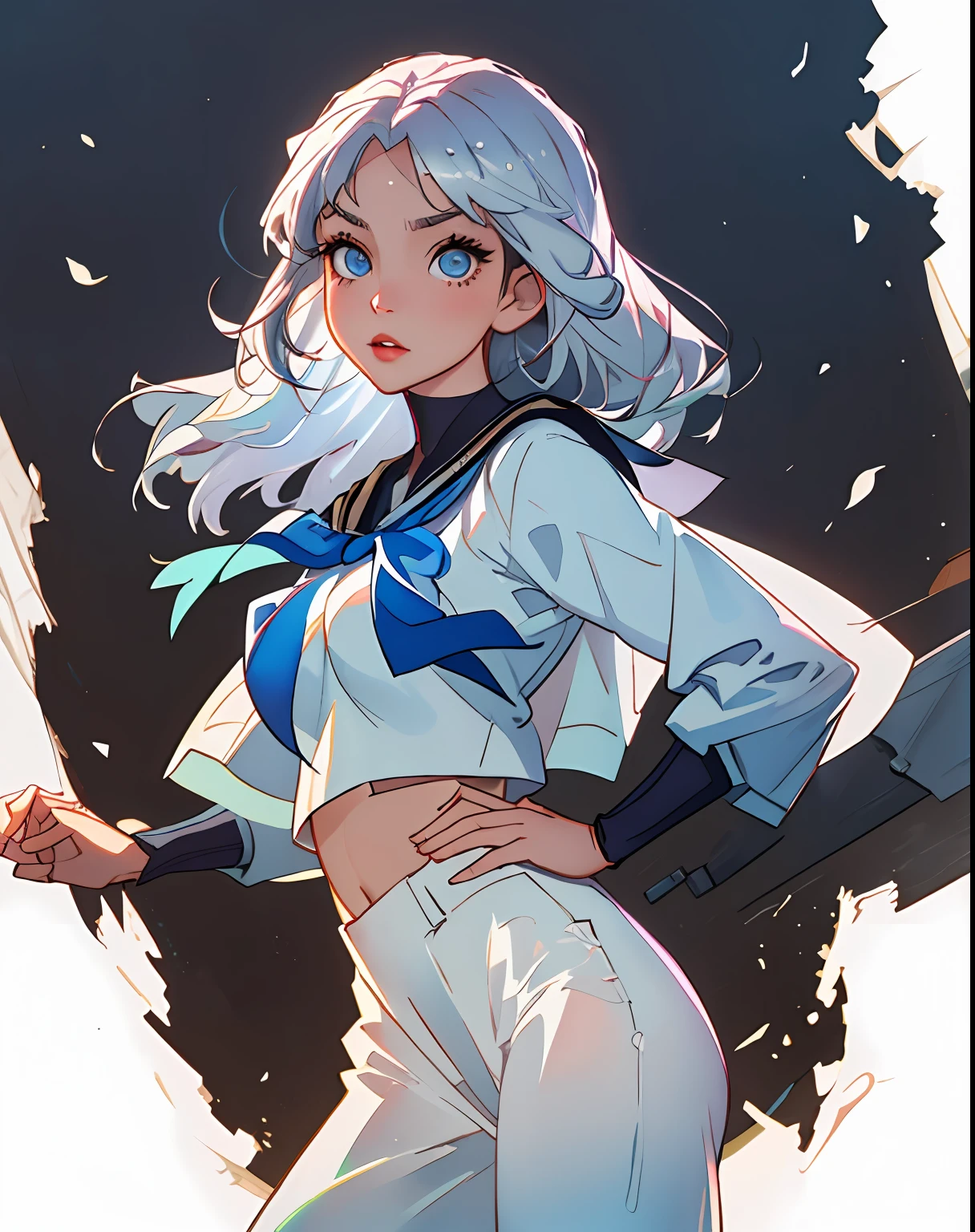 (obra-prima), modelo victoria secret, rosto altamente detalhado, signings, garota marinheira,mar, nsfw, middlebreasts, forma de corpo perfeita, silver hair,olhos azul,white pant,hands in a pocket,top curto,top preto, jaqueta aberta,Sailor's cap