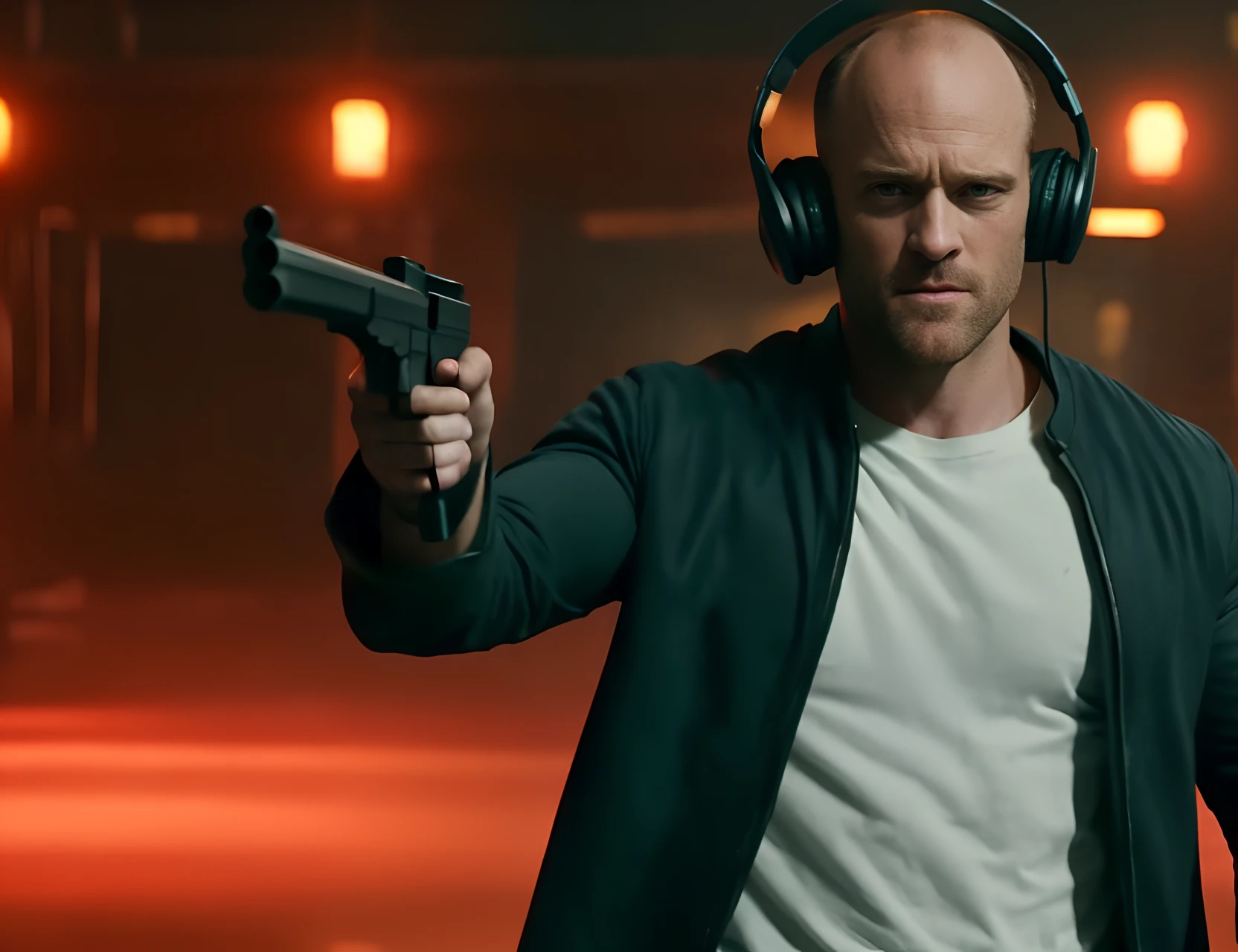 janson statham is wearing a ghost costume and has a gun in his right hand, pointing at the camera and wearing headphones