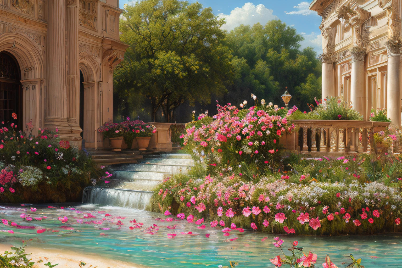 paysage mer, fleurs hibiscus(Highly detailed CG Unit 8k wallpaper), The most beautiful work of art in the world, Professional majestic oil painting, complexe, High detail, mise au point nette, dramatique, Art of photorealist painting, Alma Tadema
