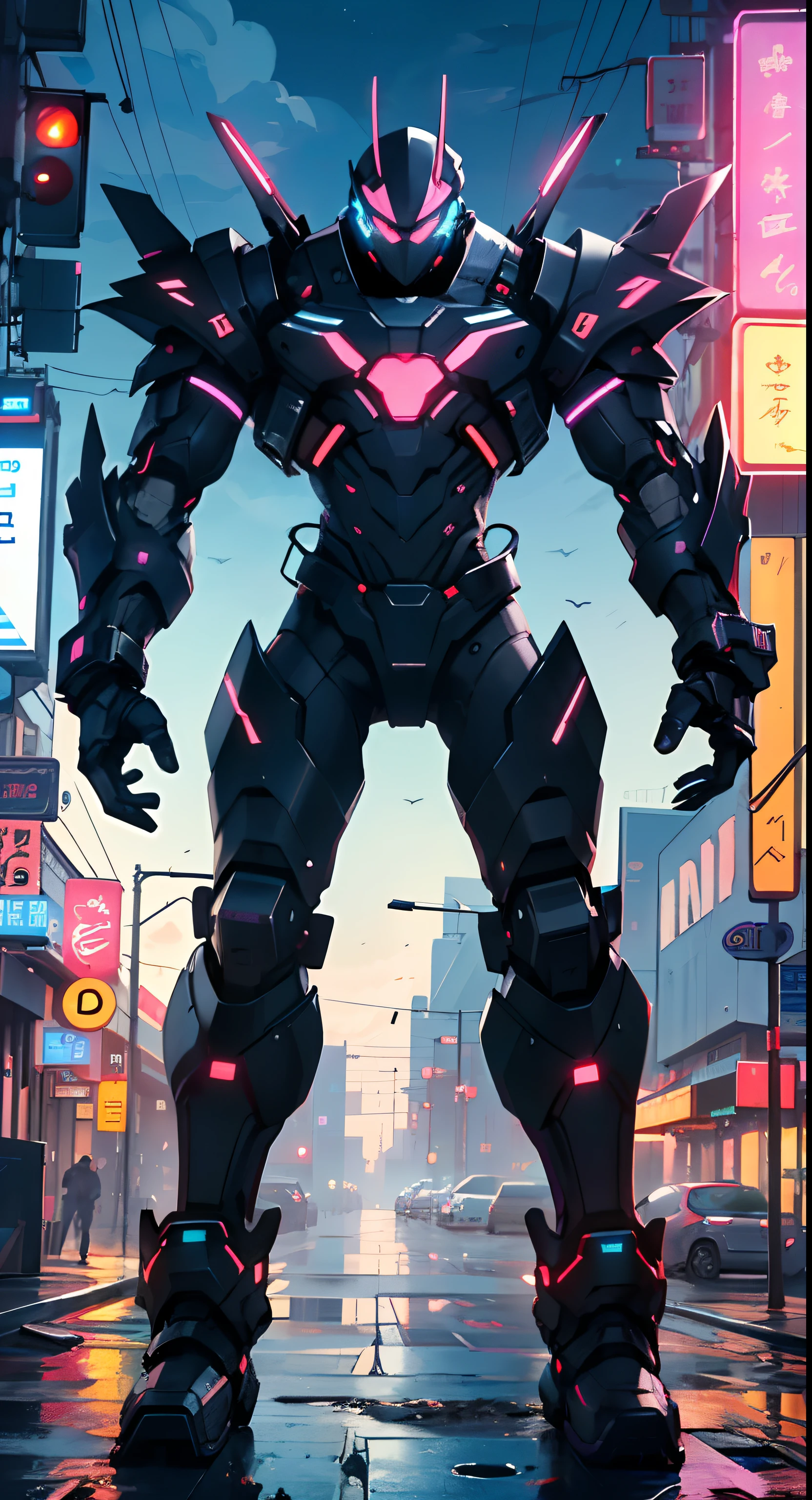Imposing black plastic metal android robot,three meters tall and with a minimalist design that highlights its marked metallic musculature. His head is smooth and adorned with RGB lights that highlight his uniqueness and futurism.
He carries a metal backpack on his back that contains drones,turrets,and firearms. The backpack has spidery legs that allow it to move quickly.
Although most of his body is a deep,glossy black,there are orange,purple,and blue details that highlight his striking,futuristic design. It is undoubtedly an impressive creation that does not go unnoticed.
(((muscular))),(dynamic pose:1.0),solo focus,centered,scale to fit dimensions,Rule of thirds,
outdoors,((night view)),(very pretty city neon synthwave,cyberpunk night street Background:1.5,dark sky,thick clouds),future vehicles,((neon lights)),thick clouds,(cyberpunk style,neon lights, (synthwave theme background), lonely street),(((detailed background:1.25))),
(best quality),(high resolution),(sharp focus),(ultra detailed),(extremely detailed),(extremely high quality artwork),8k_wallpaper,(extremely detailed CG 8k),(very fine 8K CG),((hyper super ultra detailed perfect piece)),flawless,(((masterpiece))),illustration,vibrant colors,(intricate),High contrast,Selective lighting,Double exposure,HDR (High Dynamic Range),Post-processing,Background blur,