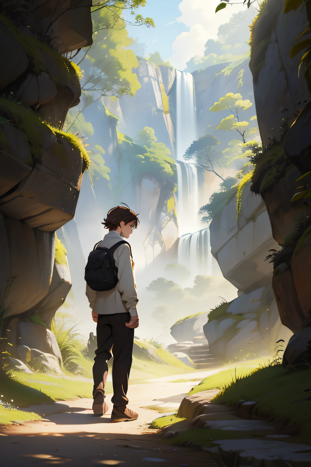 desenhe um jovem homem em uma paisagem de campo aberto e verde, Estilo de desenho simples, luz natural suave (luz natural suave),, cabelo castanho (brown hair), roupas simples da roca (roupas simples roca), movement while standing, olhando para o horizonte do sol poente de costas estilo anime, de costas, olhando pra tra