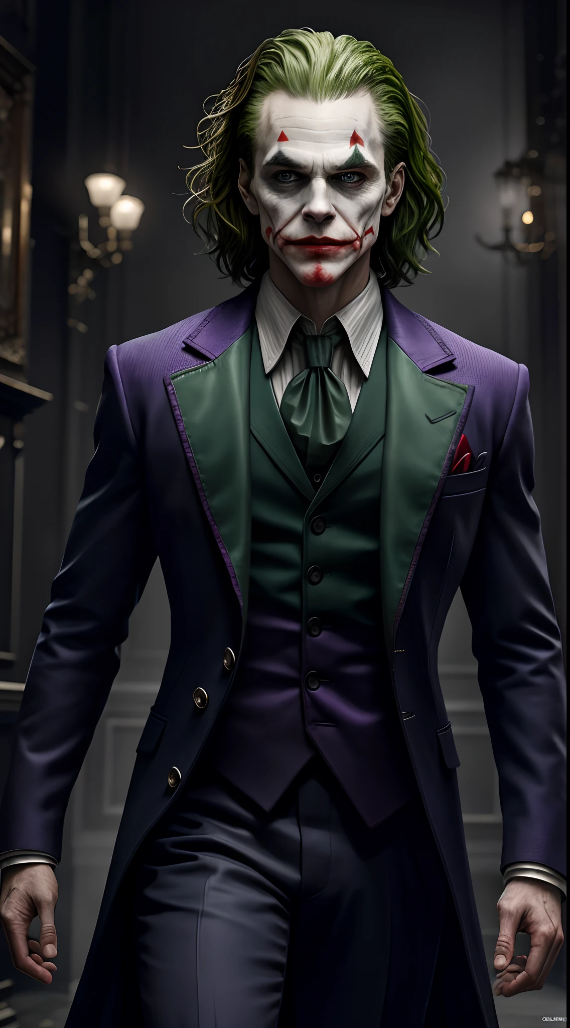 (8k, RAW photo, best quality, masterpiece:1.2), ultra detailed, official art, photo-realistic:1.37, upper body shot, DC Joker, film grain, action pose