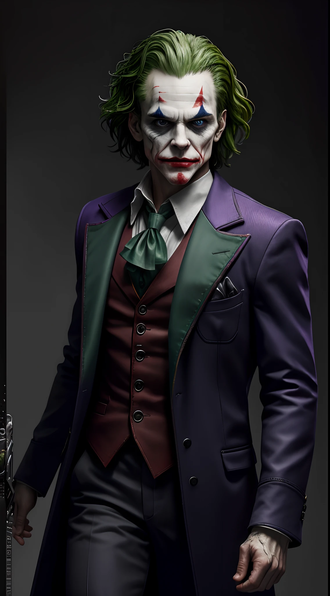 (8k, RAW photo, best quality, masterpiece:1.2), ultra detailed, official art, photo-realistic:1.37, upper body shot, DC Joker, film grain, action pose