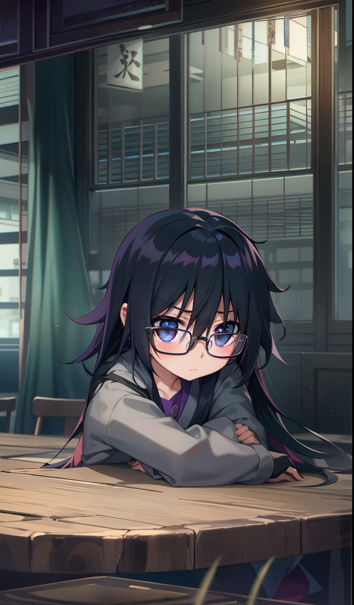 Anime girl with black hair and glasses sitting at a table, Gapmoe Yandere Grimdark, Chibi, 2 d estilo anime, inspired by Kawabata Ryūshi, goth ninja, anime estilizado, tired and haunted expression, muito triste, tired haunted expression, ele usa um tapa-olho, tapa-olho.