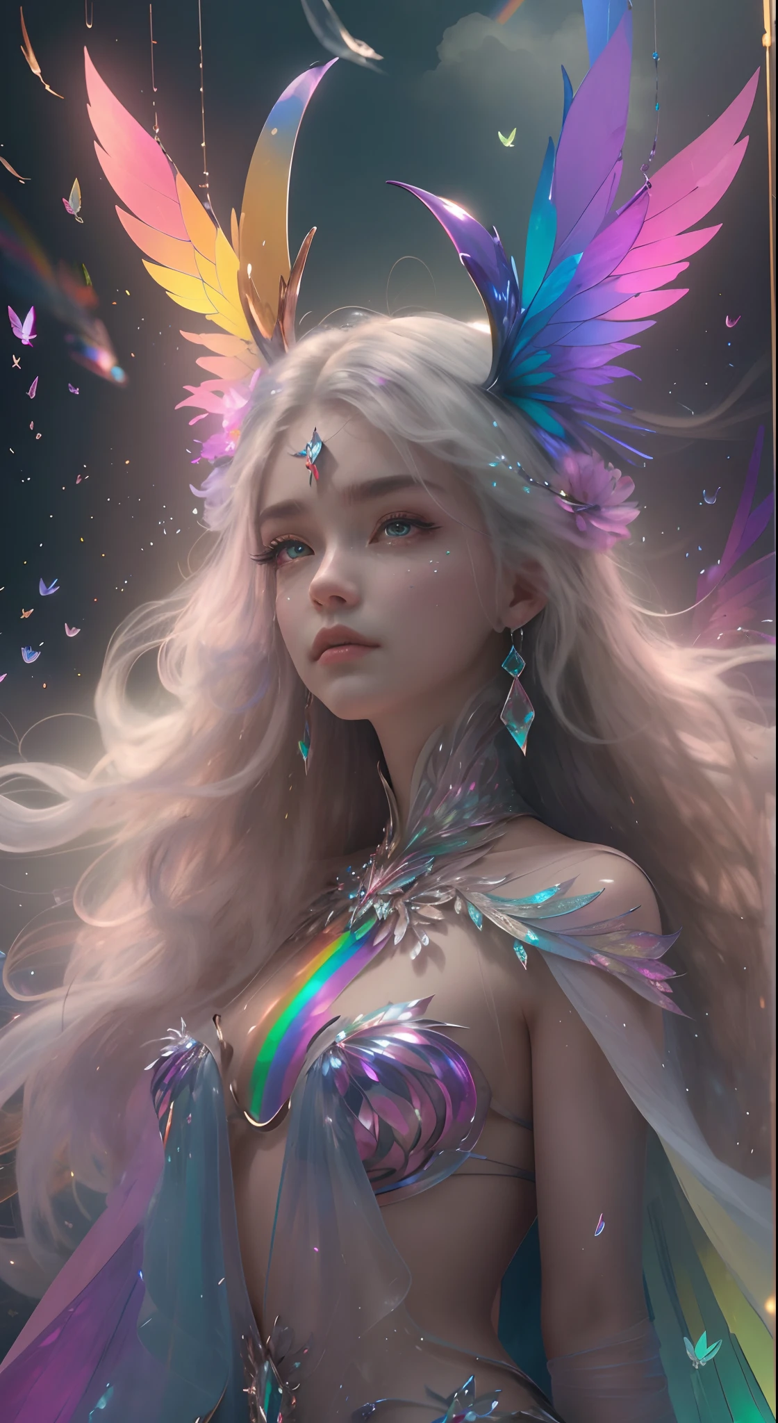 (((masterpiece))), (((best quality))), ((ultra-detailed)),(highly detailed CG illustration), ((an extremely delicate and beautiful)),cinematic light, Create a stunning fantasy artwork that mimics the style of currently trending masters of the genre. The art piece should contain elements of both mythic fantasy and fairytale fantasy with dreamy rainbow accents. ((Utilize the rainbow as the main color scheme.)) The character in the artwork is a delicate but strong petite figure with an aura of mystery and magic and (beautiful translucent rainbow wings). Pay close attention to intricate facial features, such as mesmerizing eyes with vibrant colors and bold shading. The character's clothing should be designed with gossamer feathers, silk, stunning embroidery, and subtle iridescent details. Incorporate (((translucent rainbows))), dreamy colors, dynamic lighting, and detailed background elements to create a sense of awe and immersion. Include colorful flying magical birds and jewel-toned rainbow butterflies radiating a magical aura. Consider the latest trends in fantasy art, such as incorporating unique lighting effects, exploring dynamic and compelling composition techniques, and experimenting with unique color palettes. Take inspiration from the top artists on ArtStation and Midjourney. Camera: Choose an angle that highlights the character's beauty and enhances the magical majesty of the artwork. Lighting: Utilize atmospheric lighting techniques to create depth and mood. Resolution: Aim for a high-resolution artwork to showcase intricate details and clarity. Art Inspirations: Seek inspiration from the trending artists on ArtStation, exploring different styles, genres, and themes.