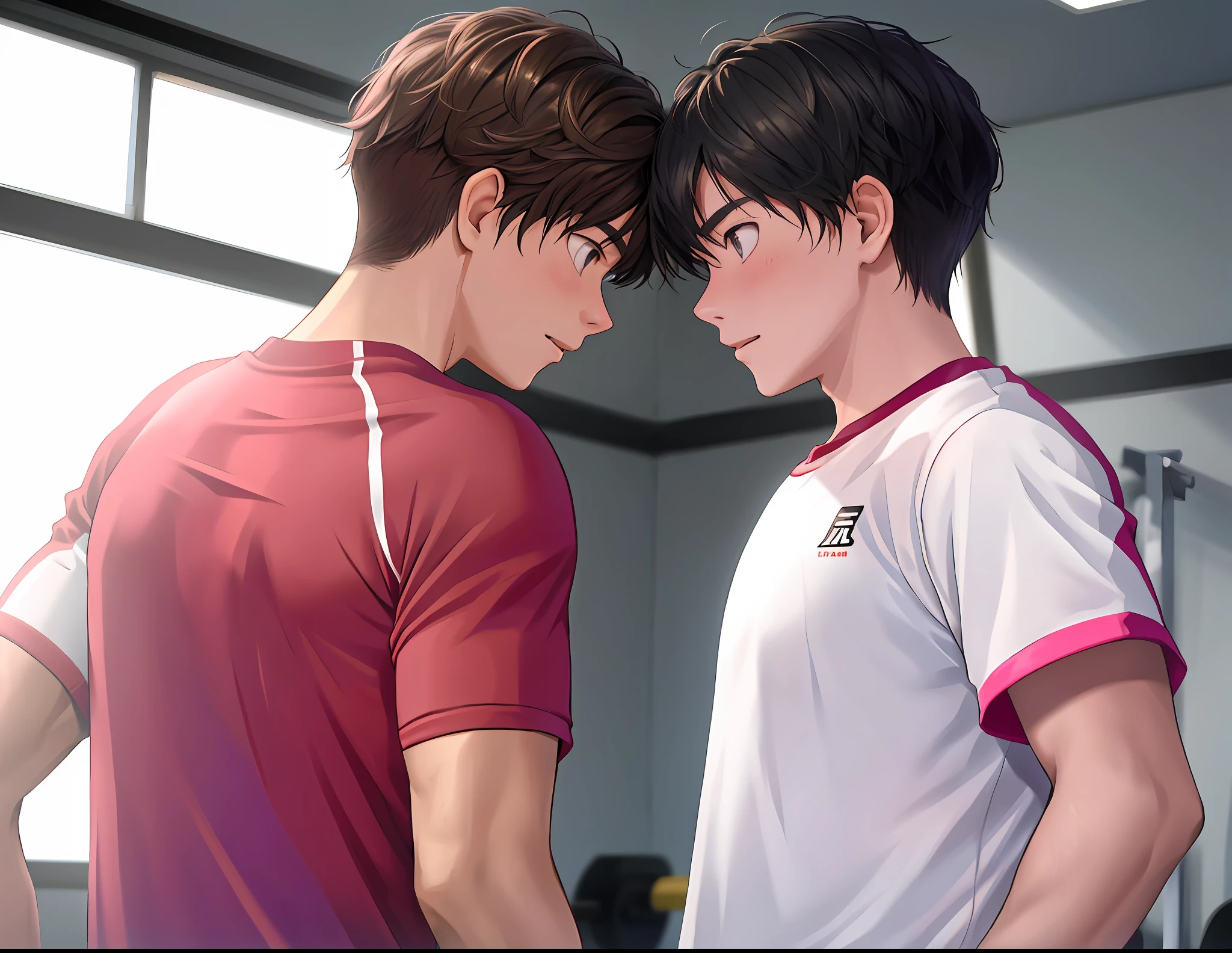 Two -yeld boapproach each other and look affectionately into each other's eyes They are in gym clothes their cheeks bronze pink skin