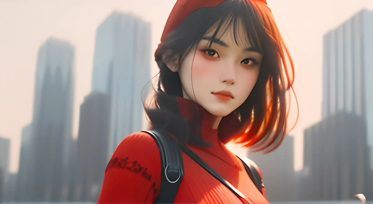 Beautiful woman with fair skin,Holding a bloody Tang knife in his hand,Wear red tights,urban surroundings,Ultra-clear picture quality,facial closeups