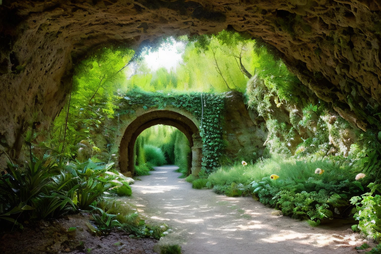 grotte, eau, fleurs, Star sky, la plus oeuvre du monde, plantes grimpantes