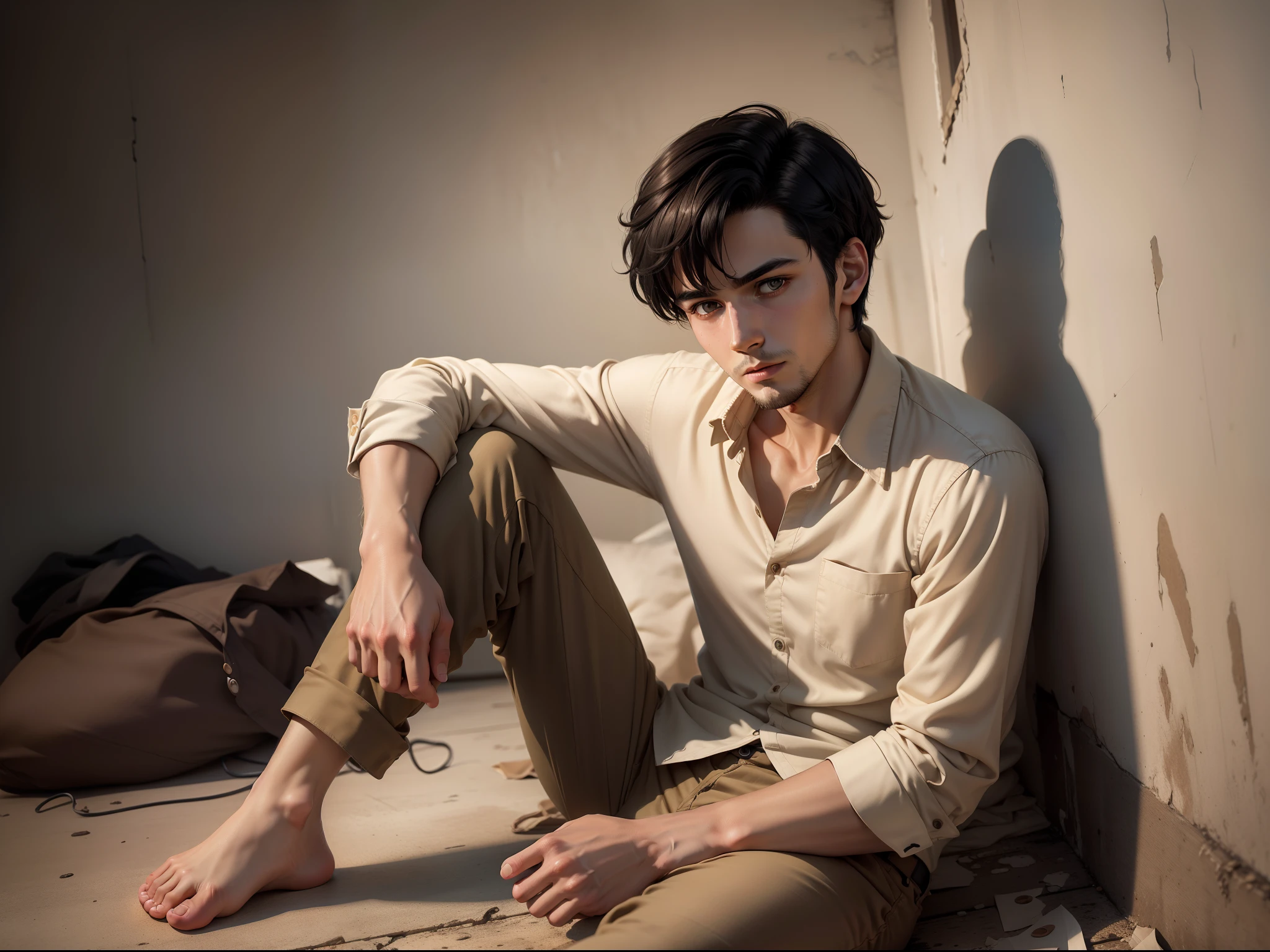 Ultra-realistic 8K image of a slim 25-year-old man, short black hair, dressed in a beige button-up shirt and beige pants, dazed expression, sitting on the floor of a plain room, weathered walls, dimly lit, night
